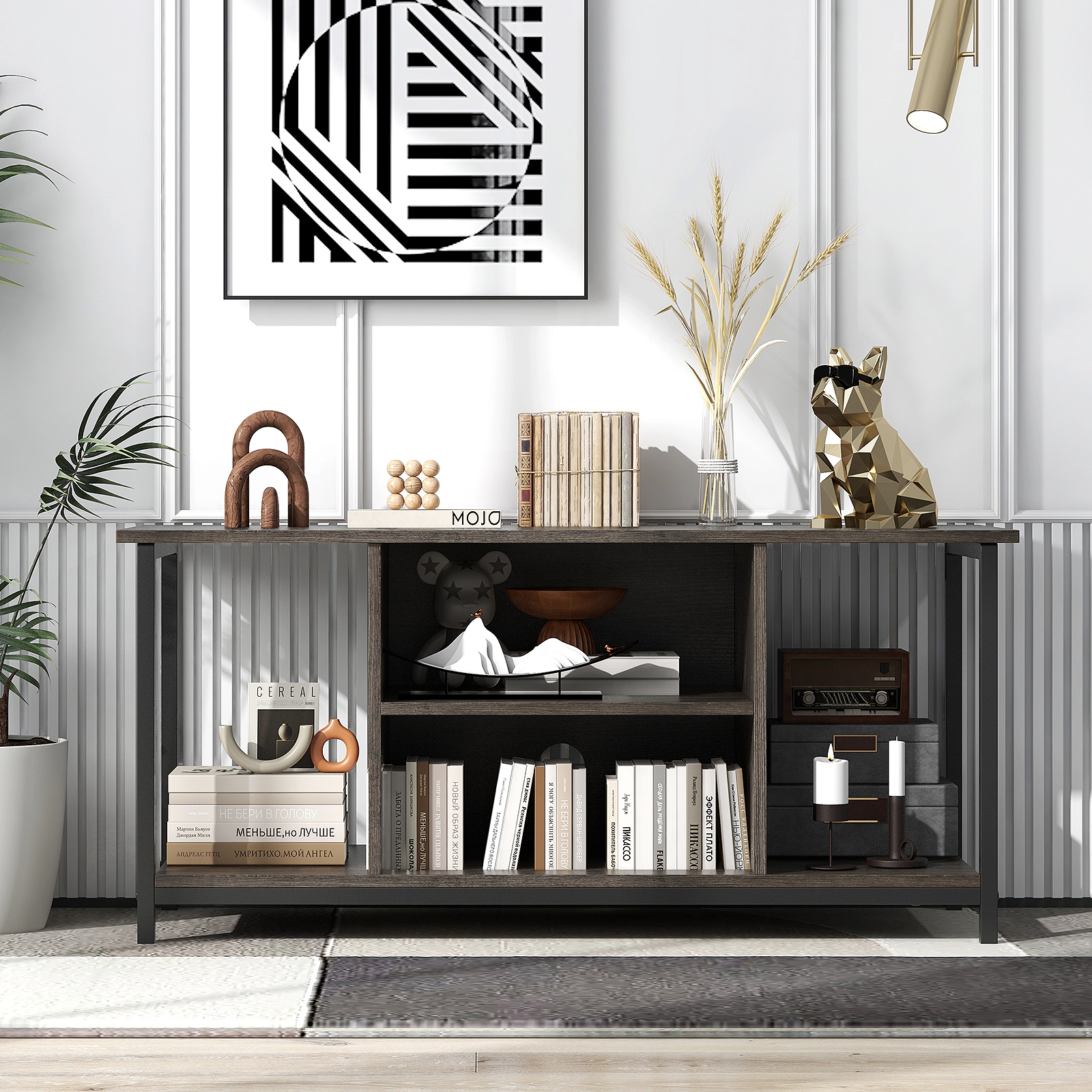 SUGIFT 3-Tier TV Stand with Power Outlet USB-A USB-C and Adjustable Shelf 165-lb Tabletop Capacity Gray