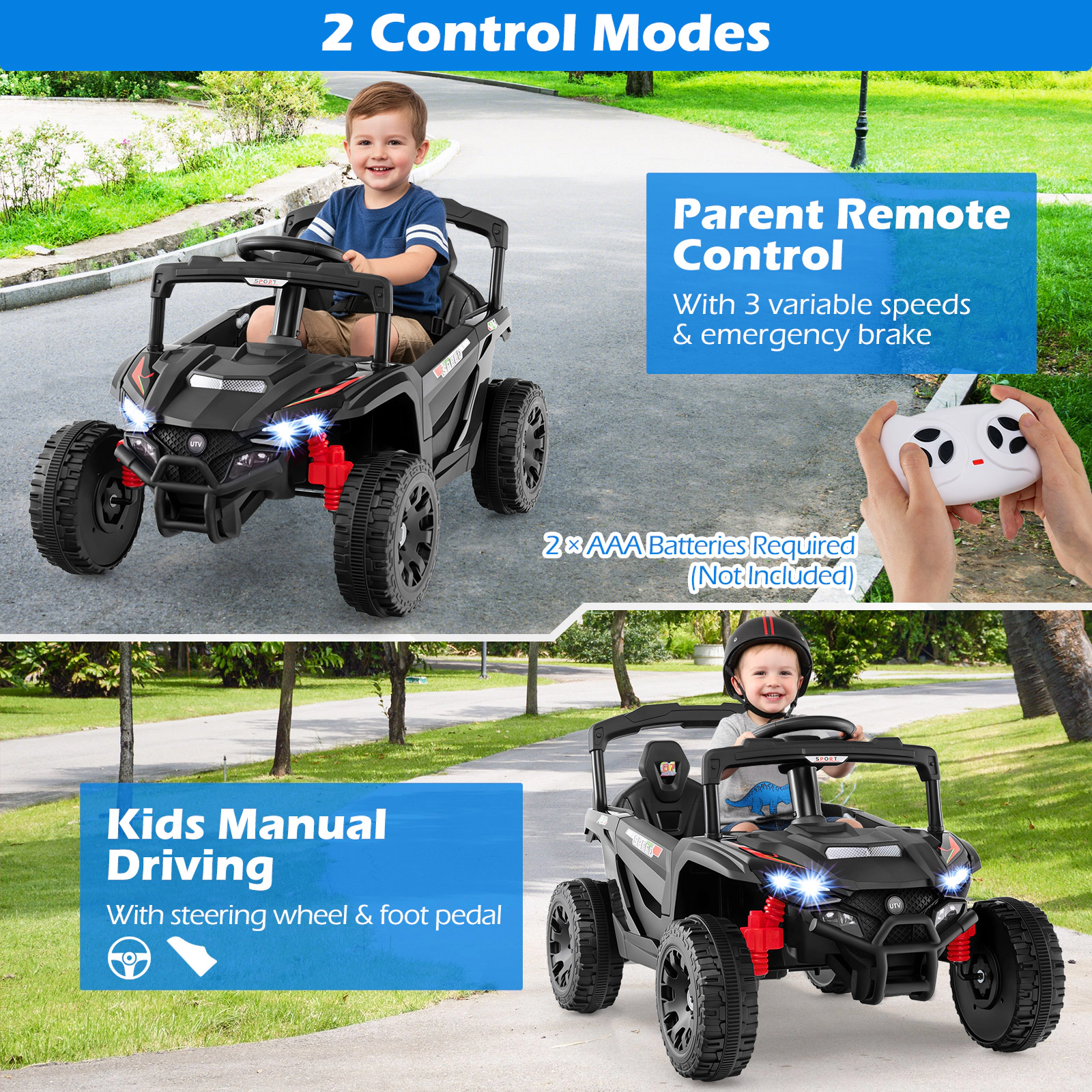 12V Kids Ride On UTV with Parent Remote Emergency Brake Lockable Doors Spring Suspension and LED Lights Ages 3+ Black