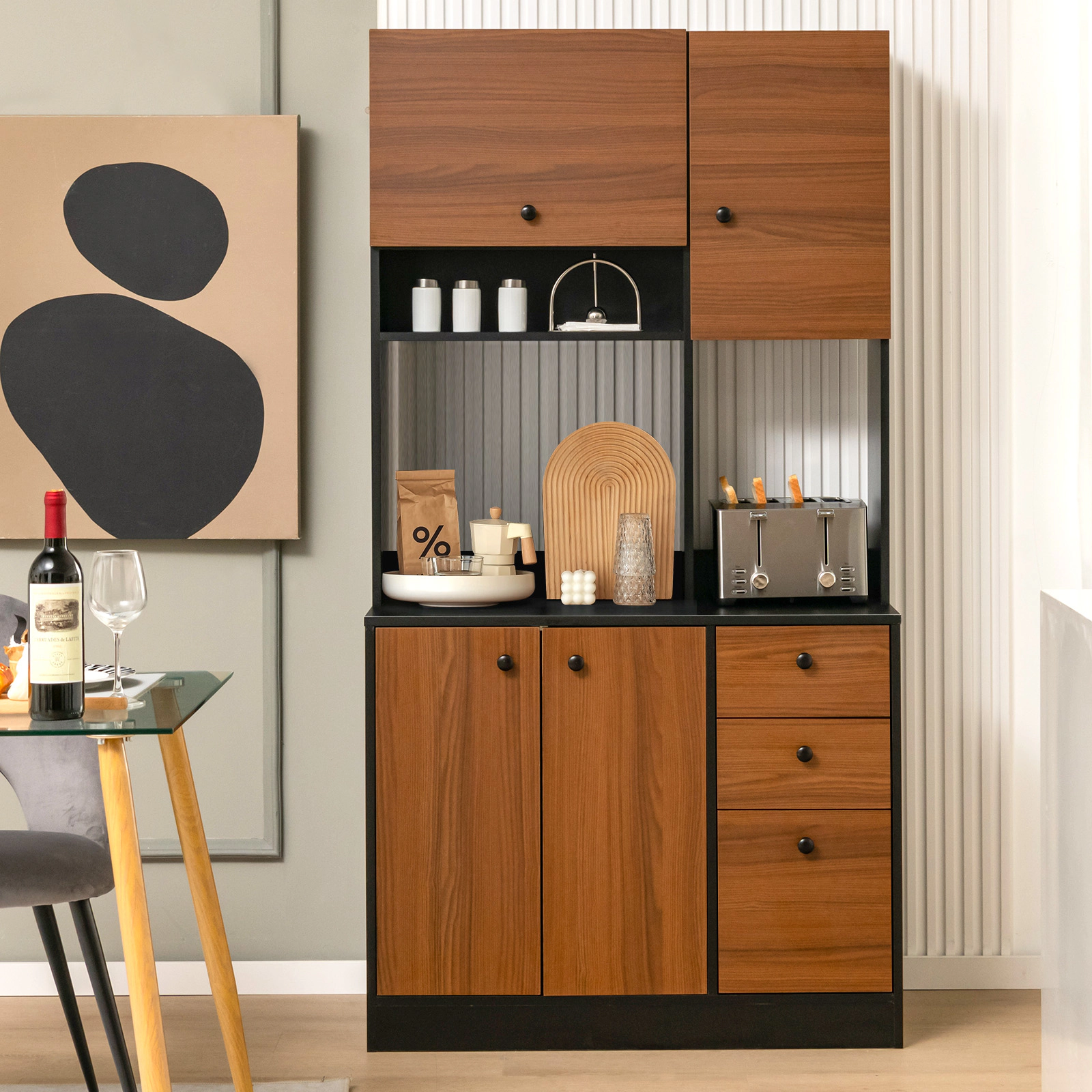 SUGIFT 71-in 3 Cabinets 3 Deep Drawers Adjustable Shelves Kitchen Pantry Cabinet 37-in x 19-in 110-lb Capacity Black