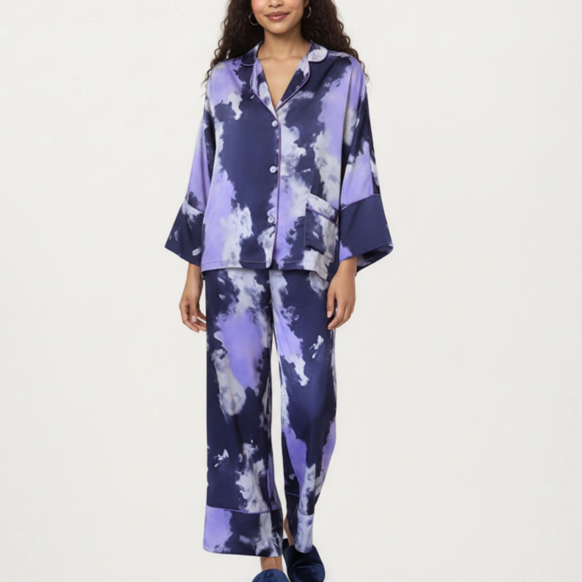 Anna-Kaci Women's Satin Pajama Set with Cloud Print Long Sleeve Button Top and Wide Leg Pants