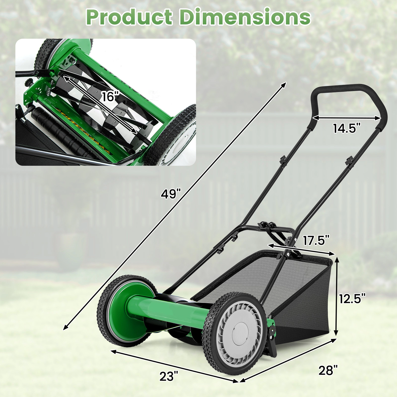 SUGIFT Green 16-in Push Reel Lawn Mower with 5 Manganese Blades 4 Cutting Heights and 7-gal Catcher Bag