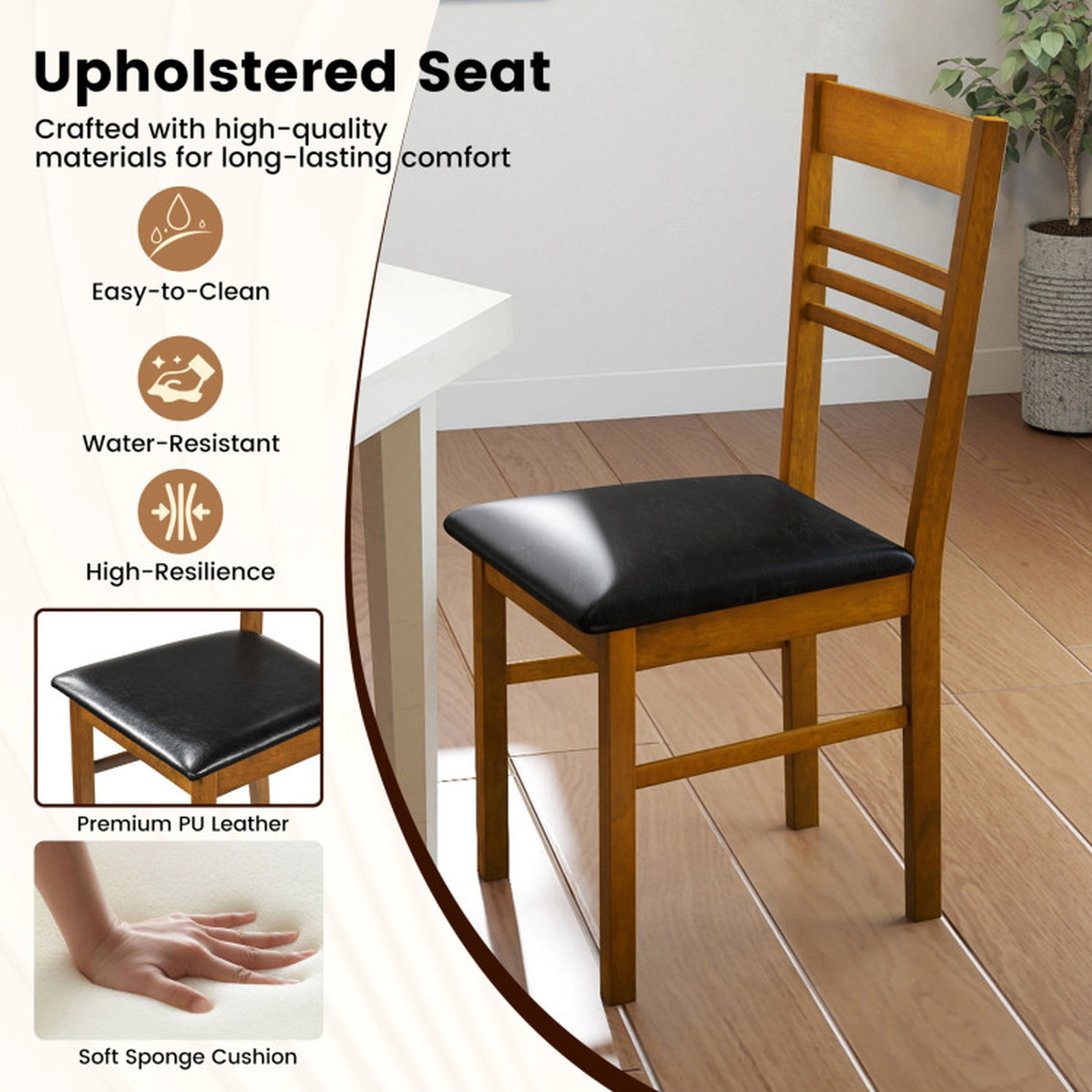 SUGIFT High Back Wood Dining Chair with Rubber Wood Frame 330-lb Capacity Walnut/White Frame Black/Brown Seat