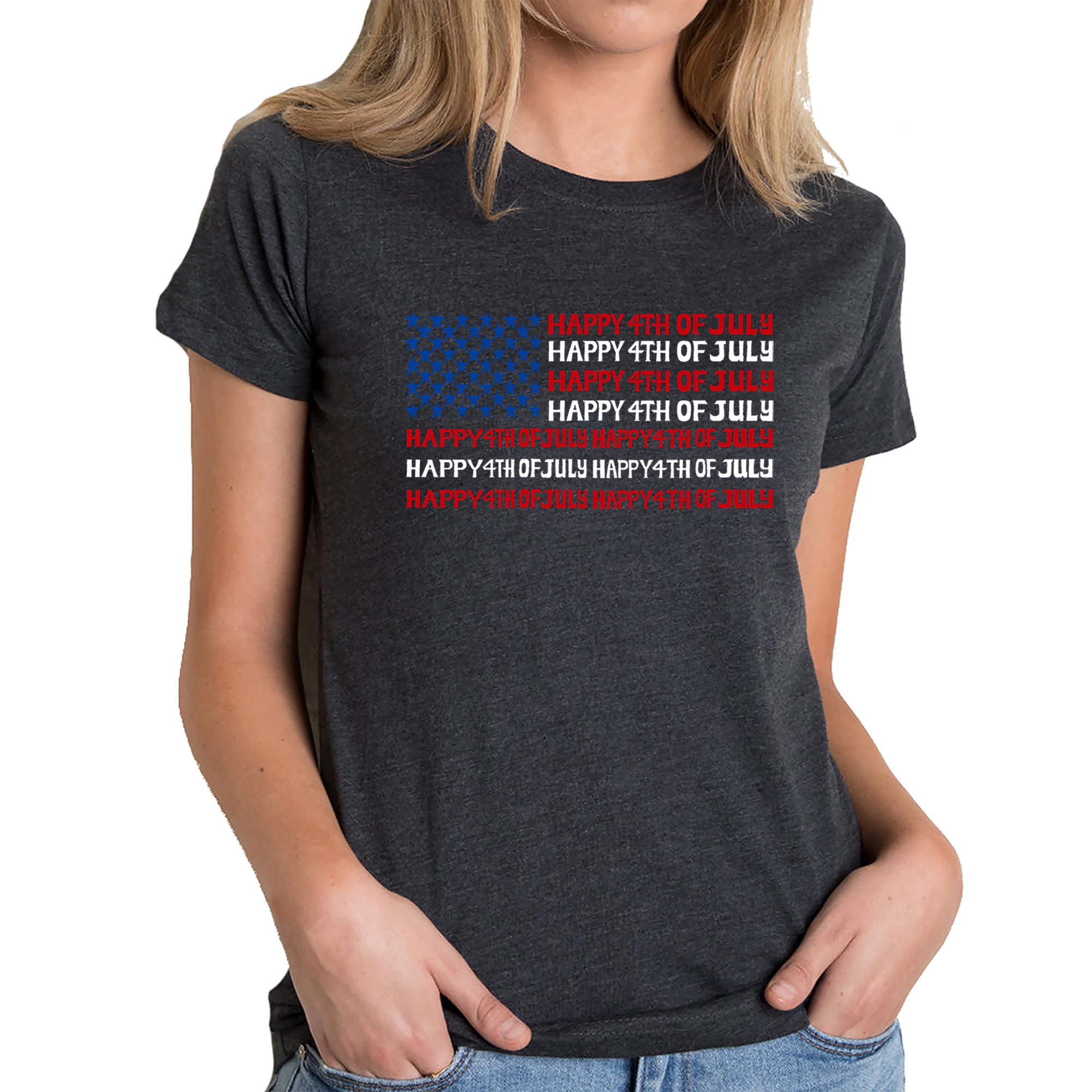 LA Pop Art Women's Cotton/Poly Blend Word TShirt - Happy 4th of July