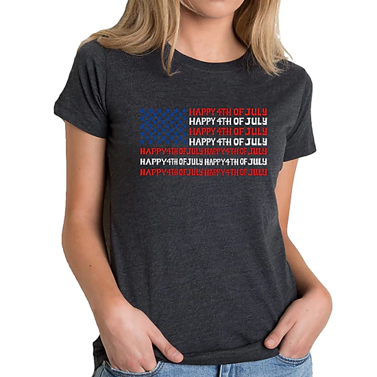 LA Pop Art Women's Cotton/Poly Blend Word Art T-Shirt - Happy 4th of July