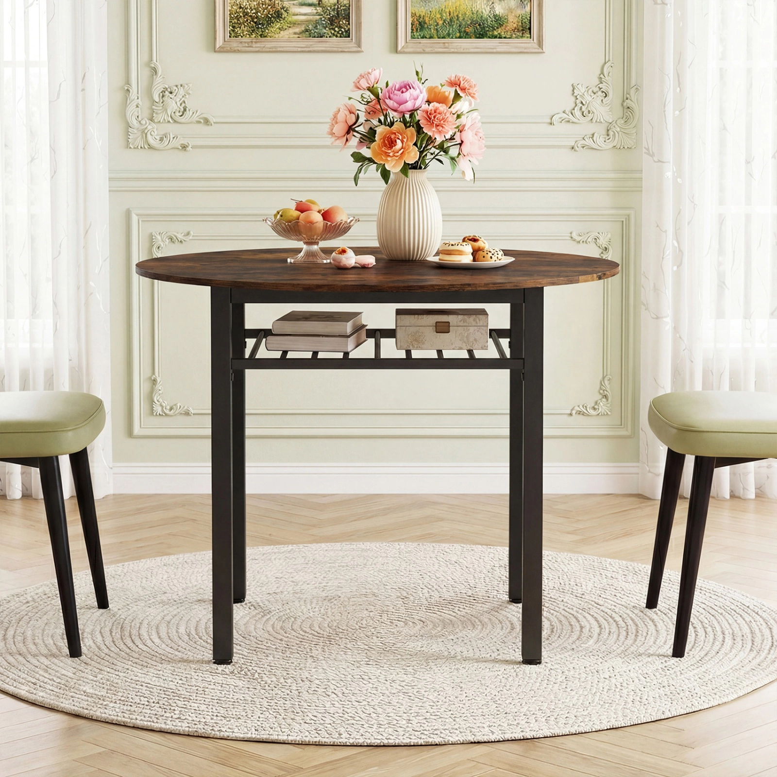 SUGIFT 40-Inch Round Farmhouse Dining Table for 4 with Under-Shelf Storage