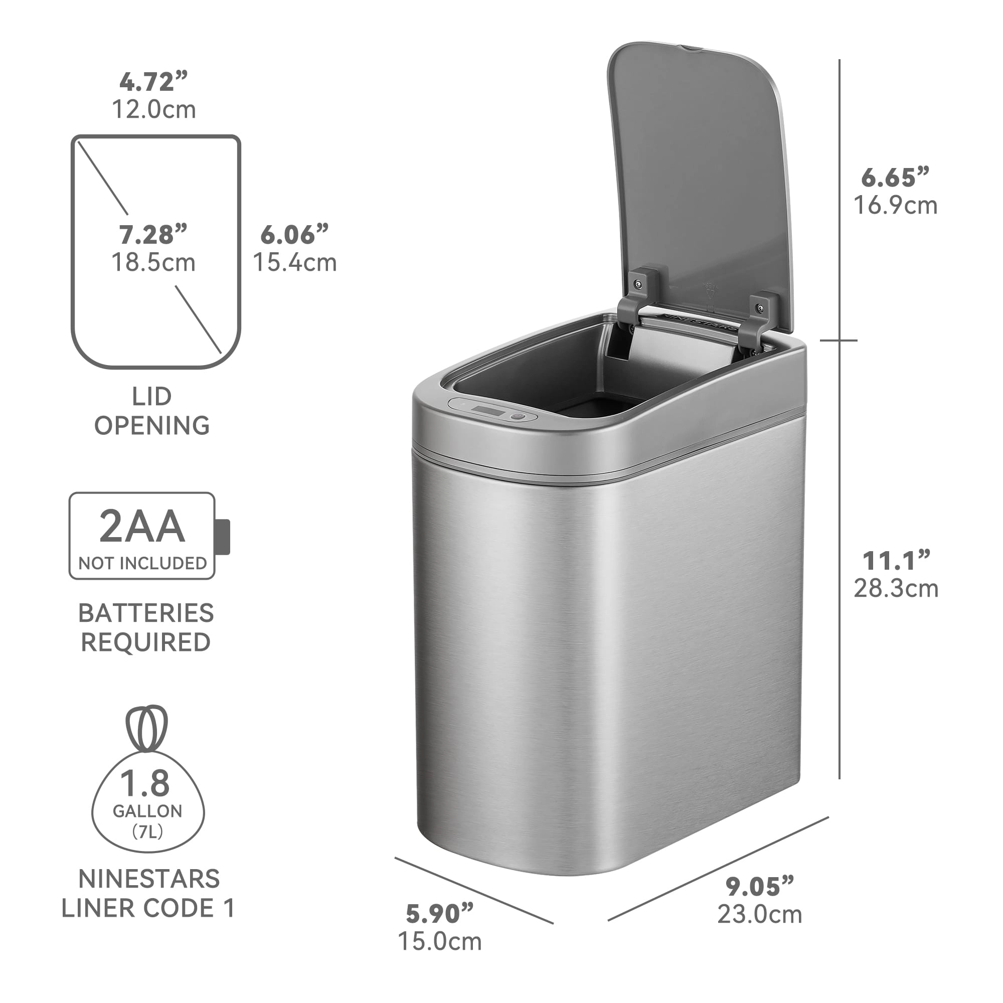 Ninestars Slim 1.85-Gallon Stainless Steel Motion Sensor Trash Can