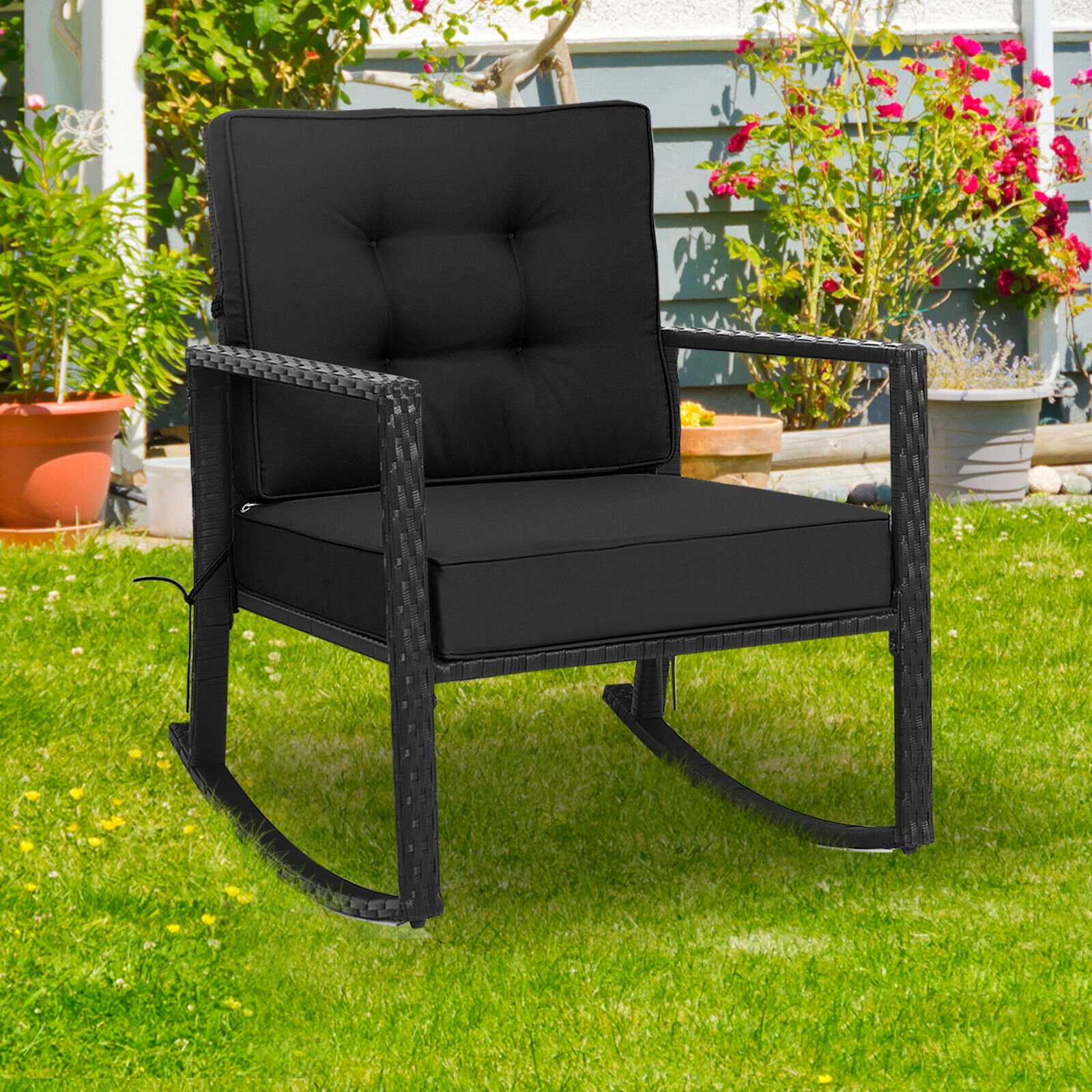SUGIFT Black Rattan Outdoor Rocking Chair with 5-Inch Cushion
