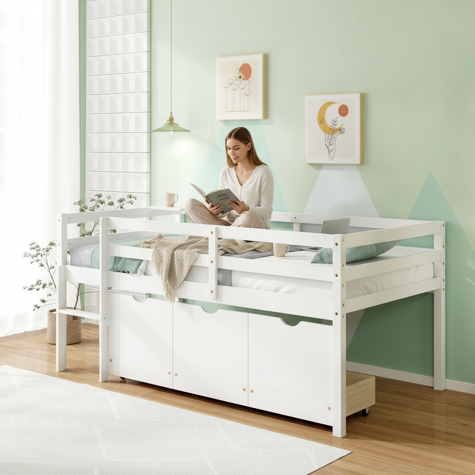 Twin Size Low Loft Bed with 3 Rolling Storage Drawers Solid Pine Wood Kids Bed with Integrated Ladder White