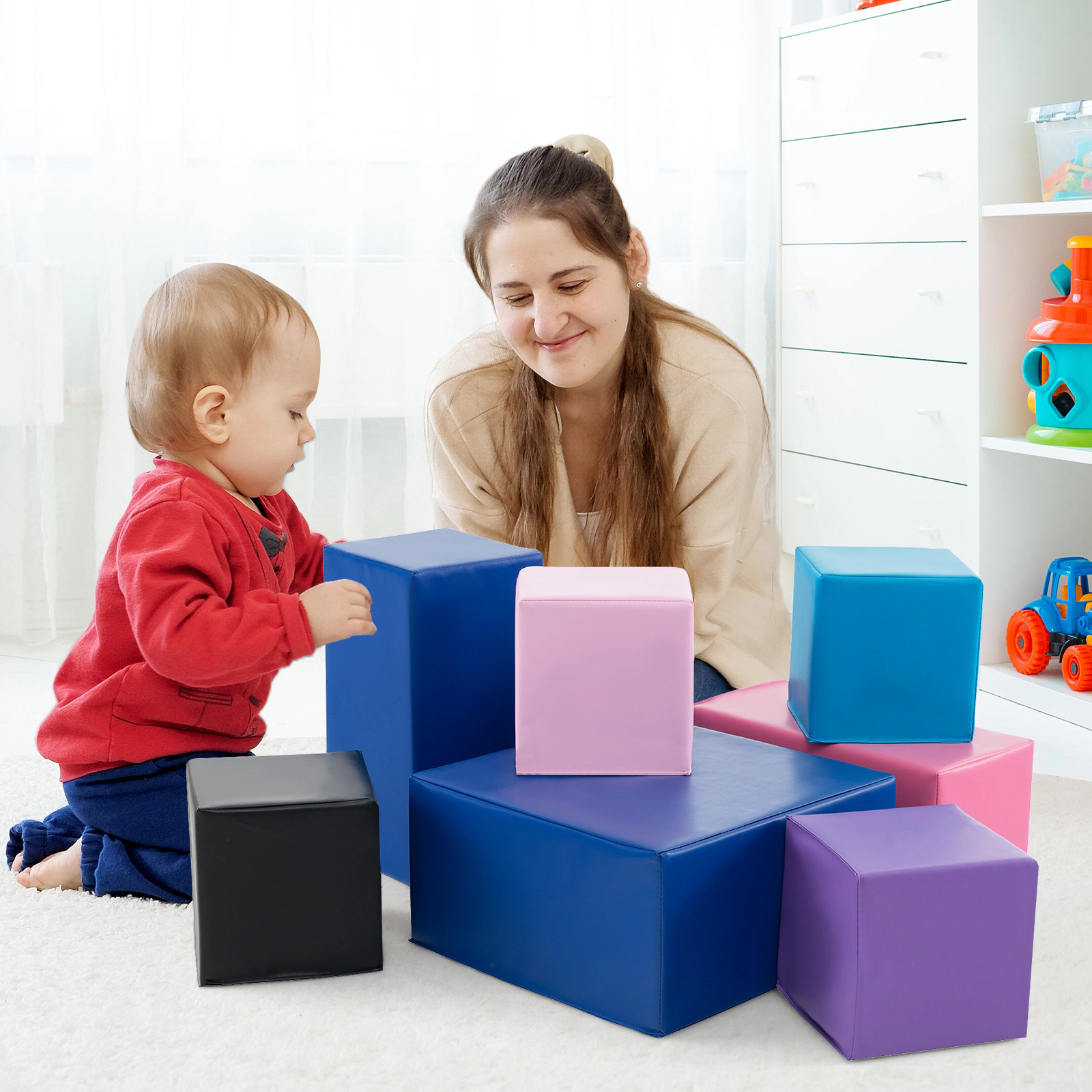 7-Piece Large Foam Building Blocks for Toddlers Soft Stacking Set 8-in Cubes Tear-Resistant Stitching EPE Core
