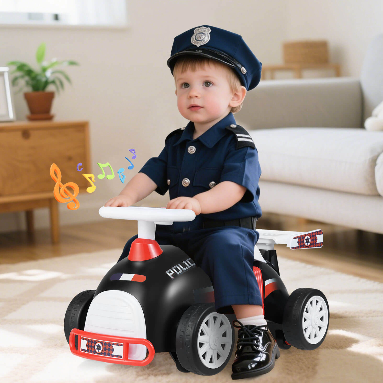 Costway Kids Ride On Push Car with Music Under-Seat Storage Universal Wheels for Boys Girls Black & White