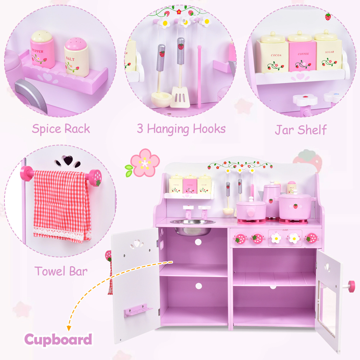 Hivvago Kids Wooden Kitchen Toy Strawberry Pretend Cooking Playset