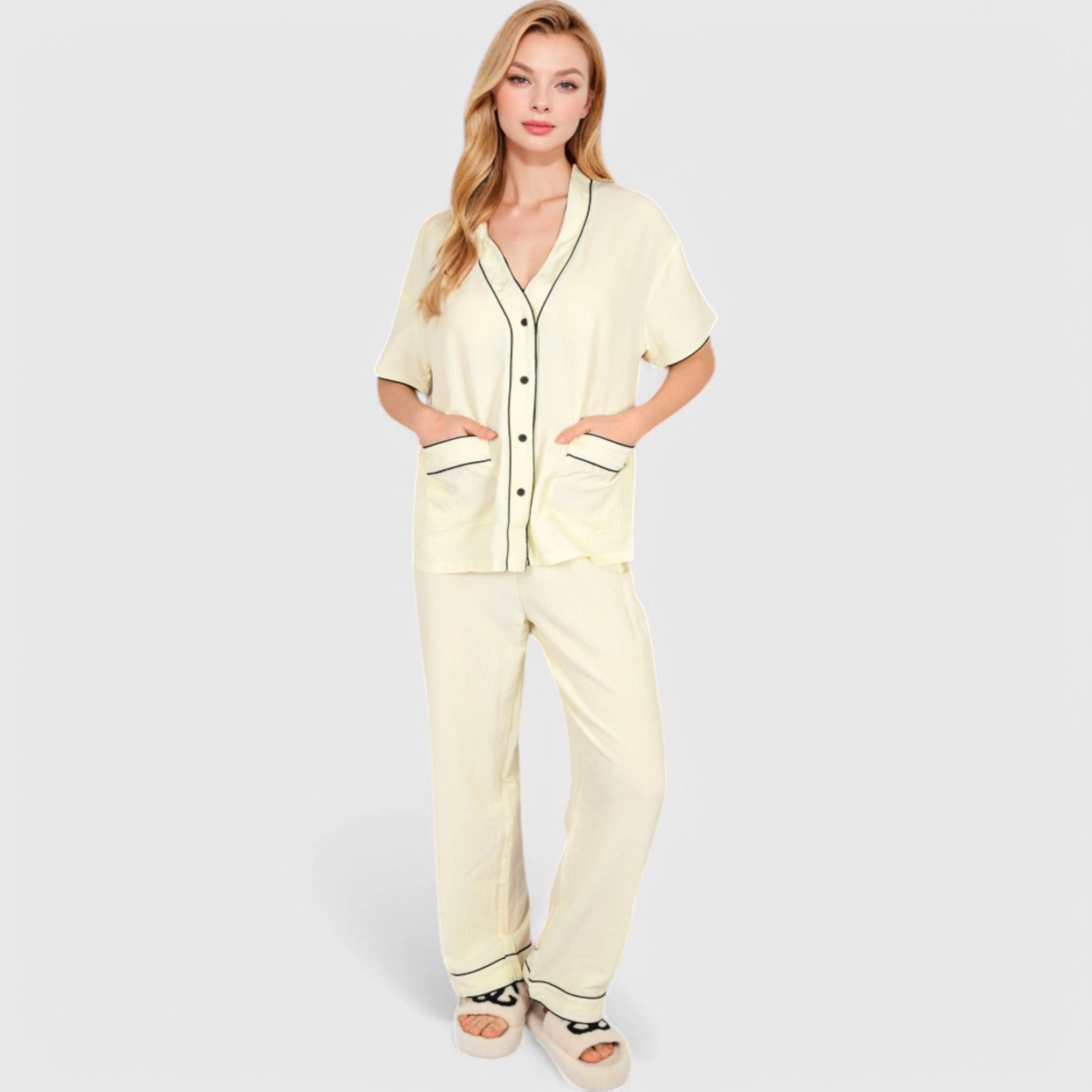 Anna-Kaci Women's Short Sleeve Button Up Pajama Set with Contrast Piping Front Pockets