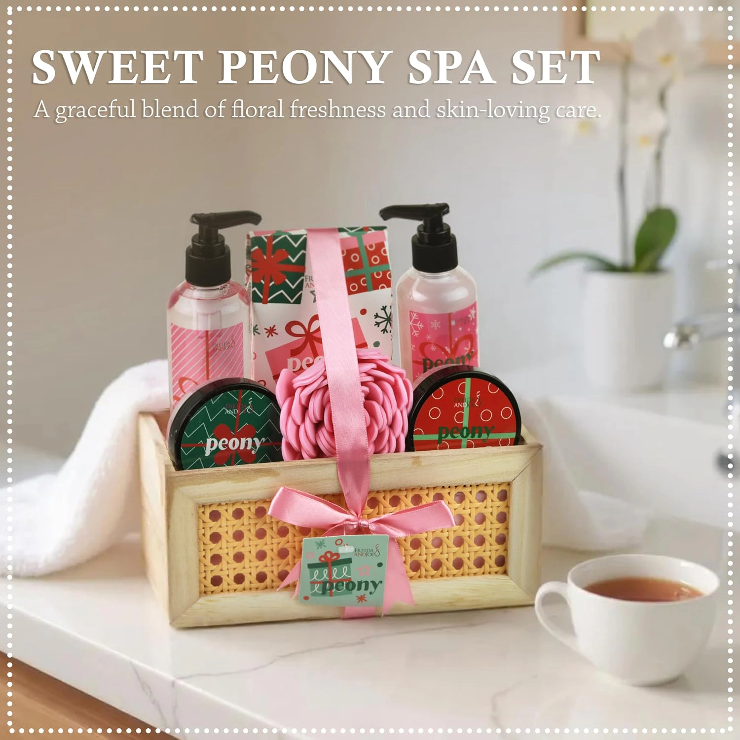 Freida and Joe  Women Pink Peony Bath & Body Spa Gift Set In Natural Wood Basket