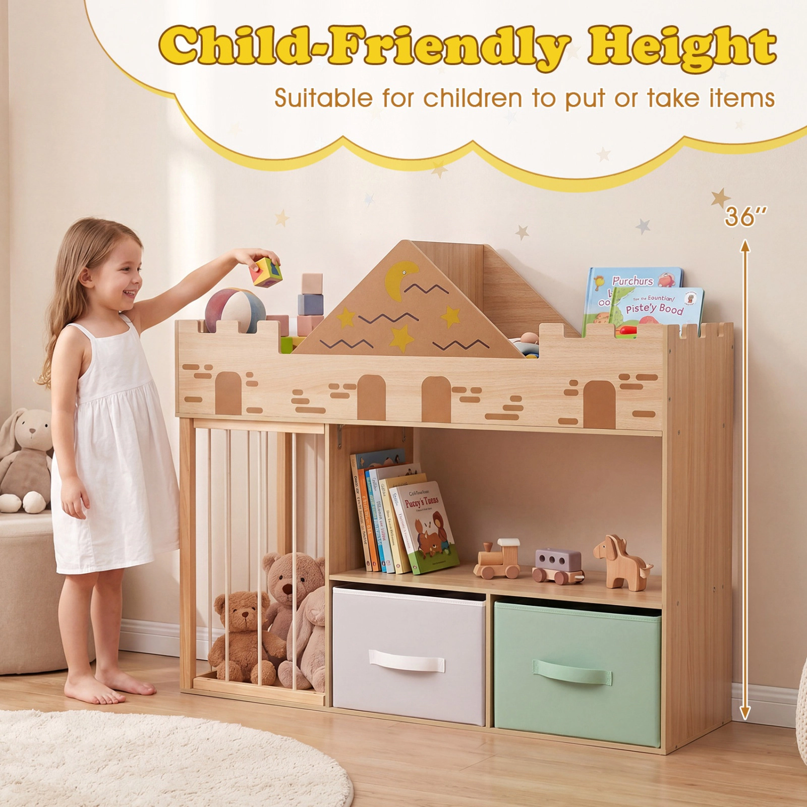 SUGIFT Castle Toy Storage Organizer with Stuffed Animal Storage 35-lb Shelf Capacity Ages 3+ Natural/White