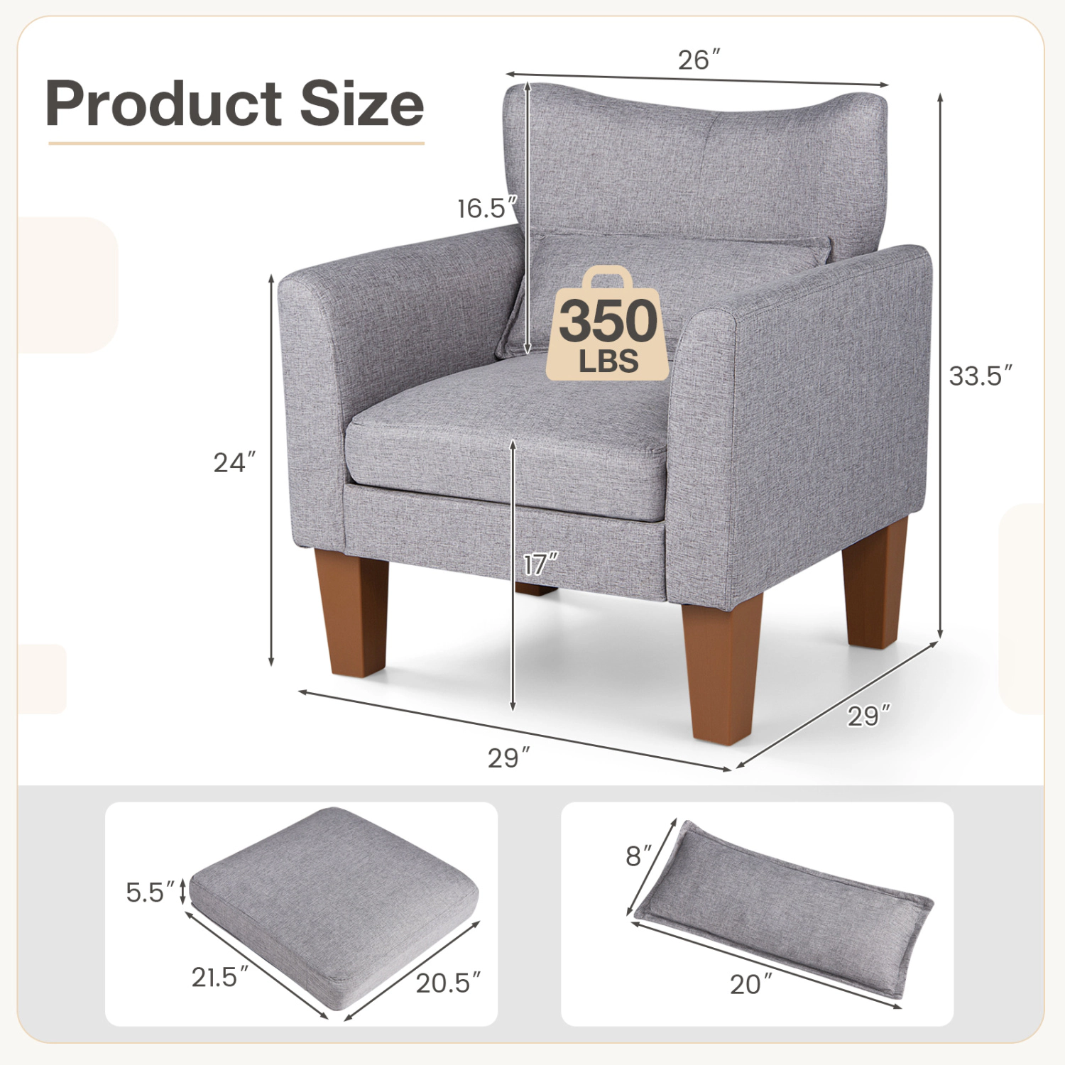 LJG Modern Accent Chair with Removable Cushion & Pillow for Living Room