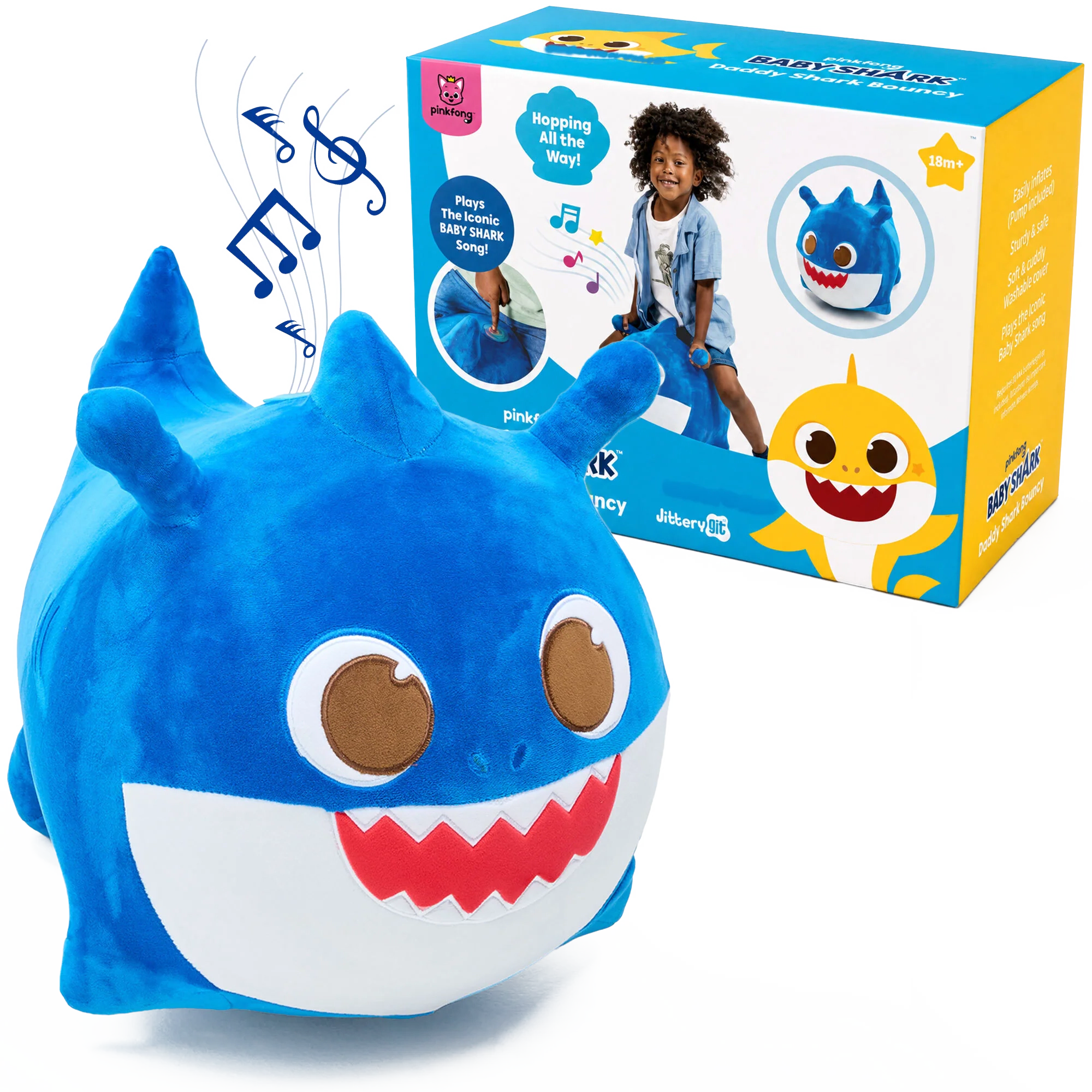 Pinkfong Kids Daddy Shark Musical Bouncy Ride-On Toy - Soft Plush Hopper with Iconic Song