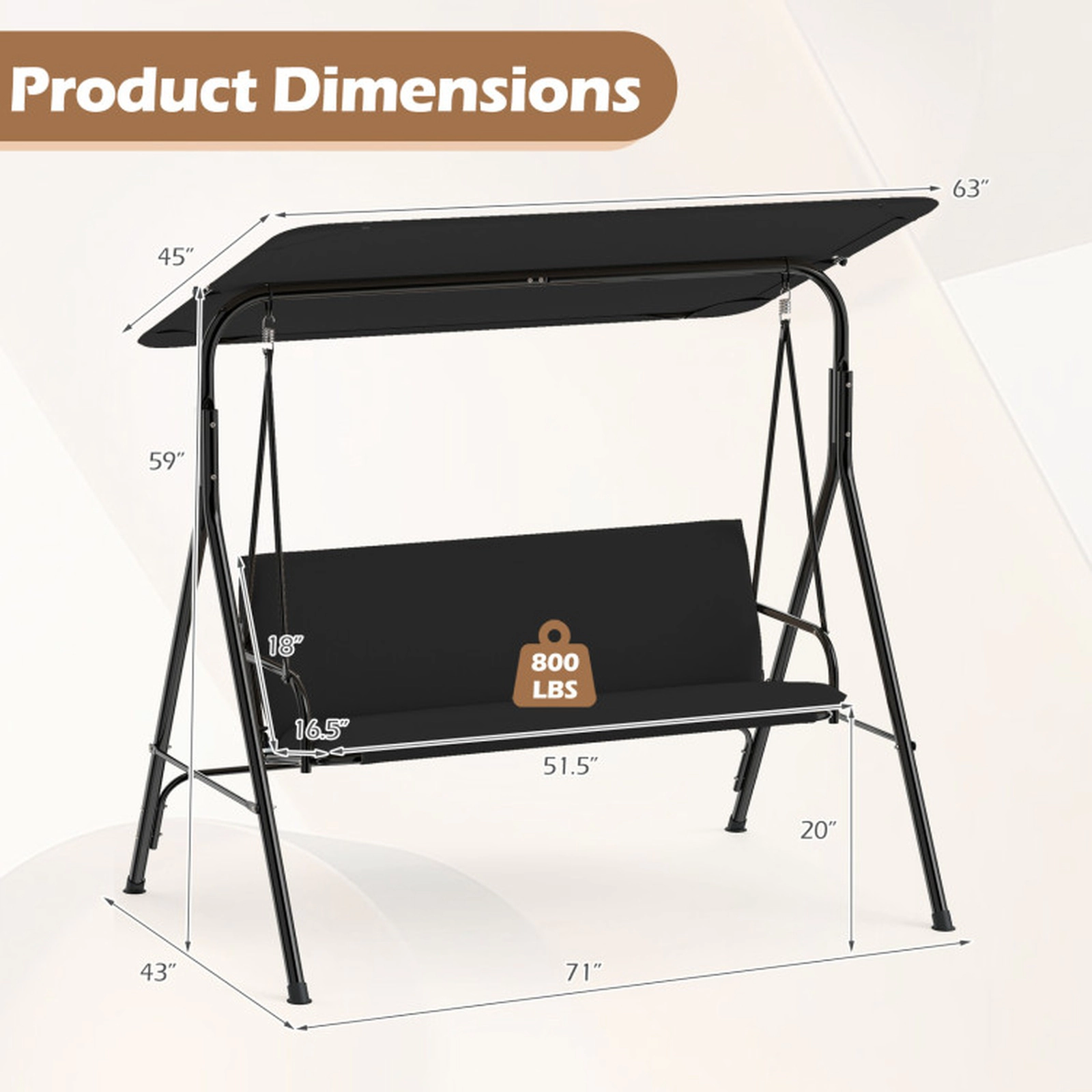 SUGIFT Adjustable Canopy and Removable Cushion 3-Seat Patio Swing Chair