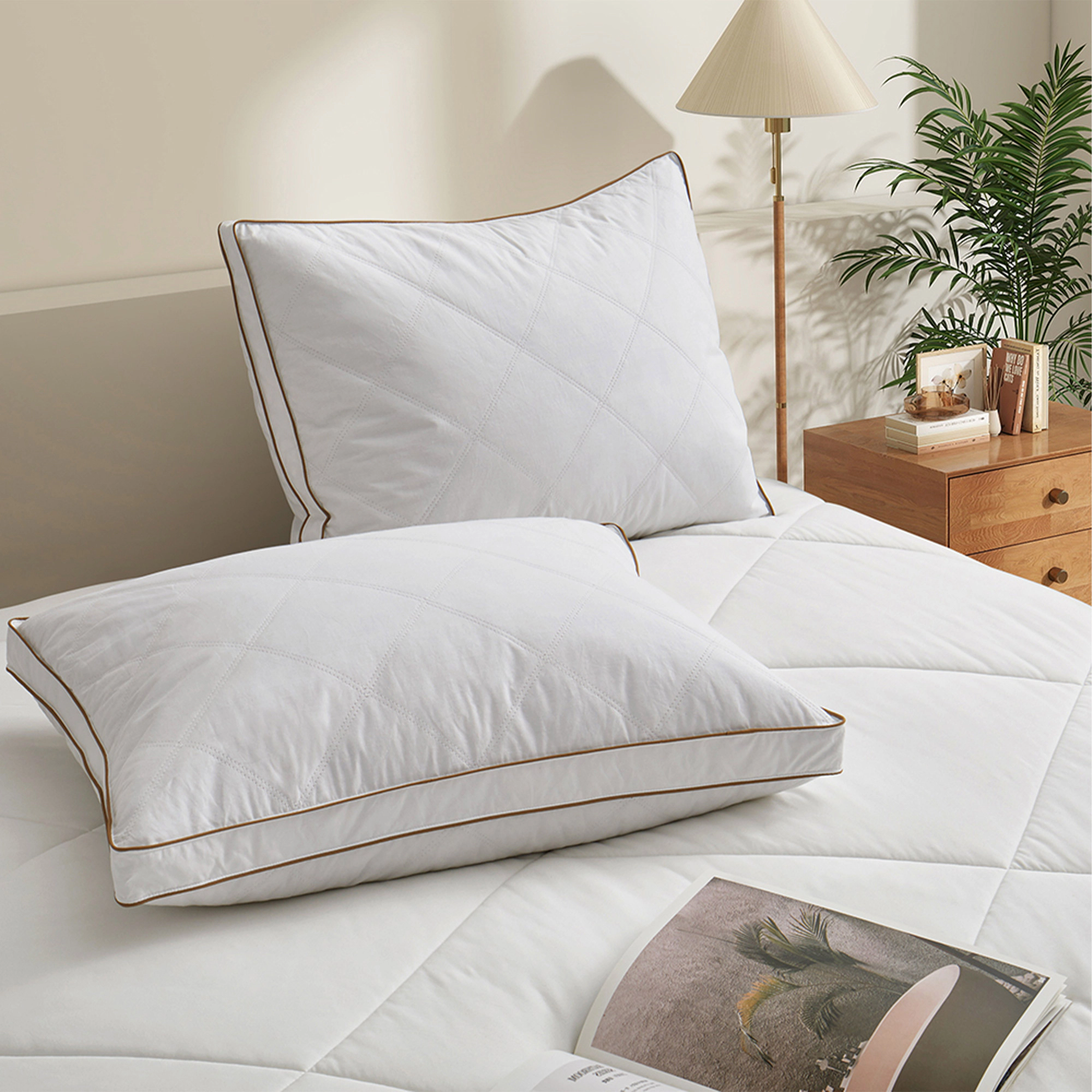 Unikome Quilted Gusseted Goose Down Feather Bed Pillow Set of 2, Medium Support