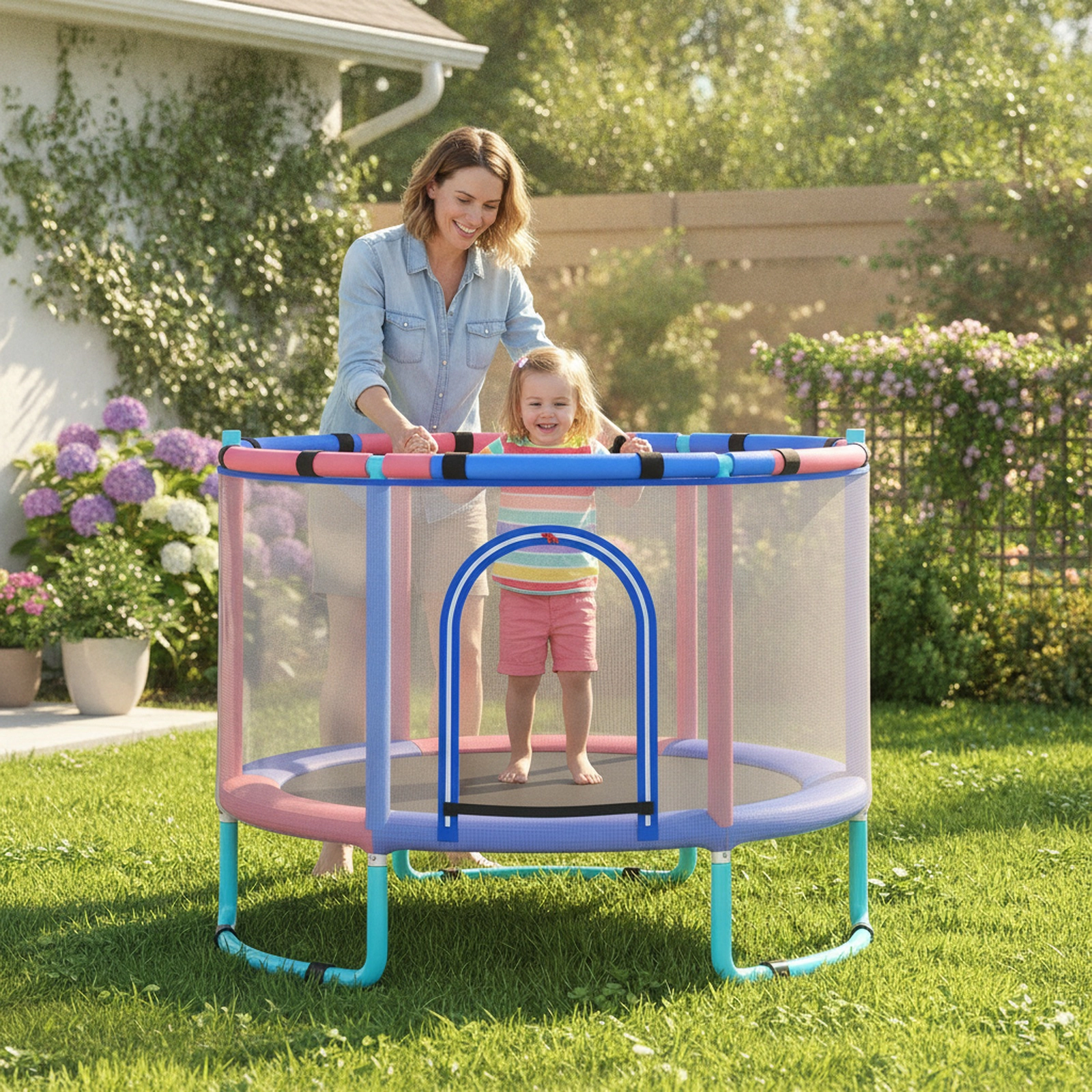 60-in 6-in-1 Kids Trampoline Basketball Hoop Gymnastics Bar Swing Hanging Rings Dart Board Navy Ages 3+