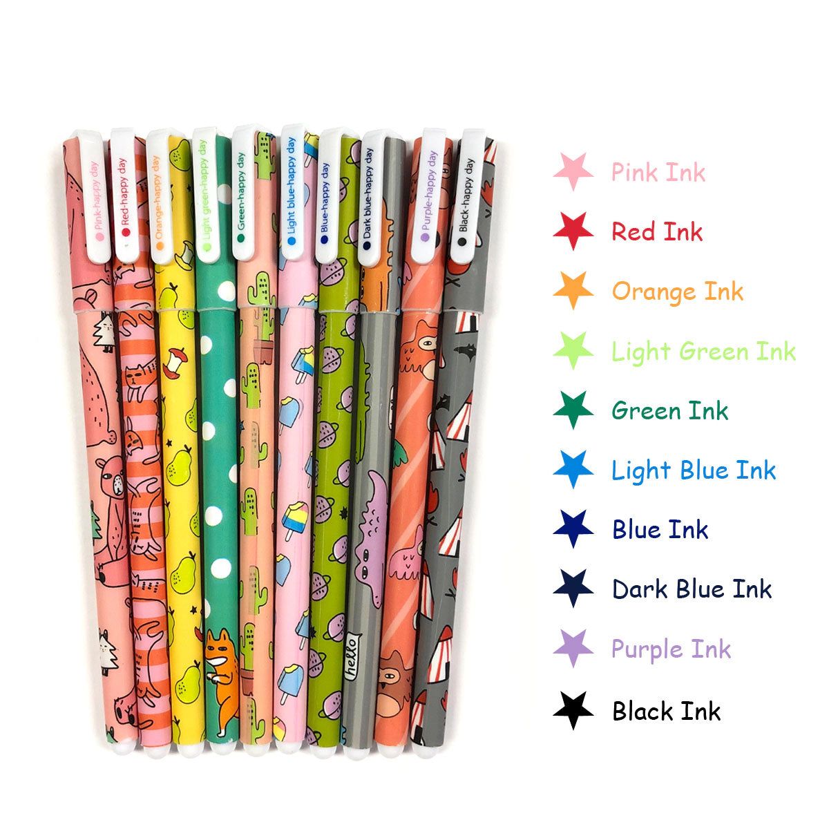 Wrapables Cute Novelty Gel Ink Pens, 0.5mm Fine Point, Cartoon Animal Multicolor Ink, Set of 10