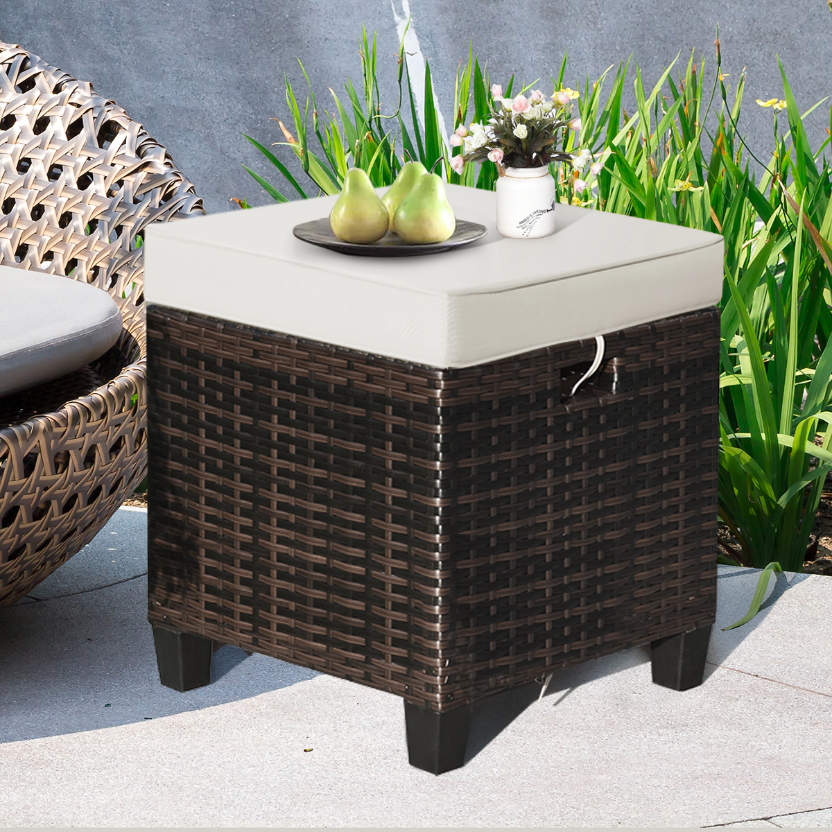LJG 2 Pieces Patio Rattan Ottoman Set with Removable Cushions