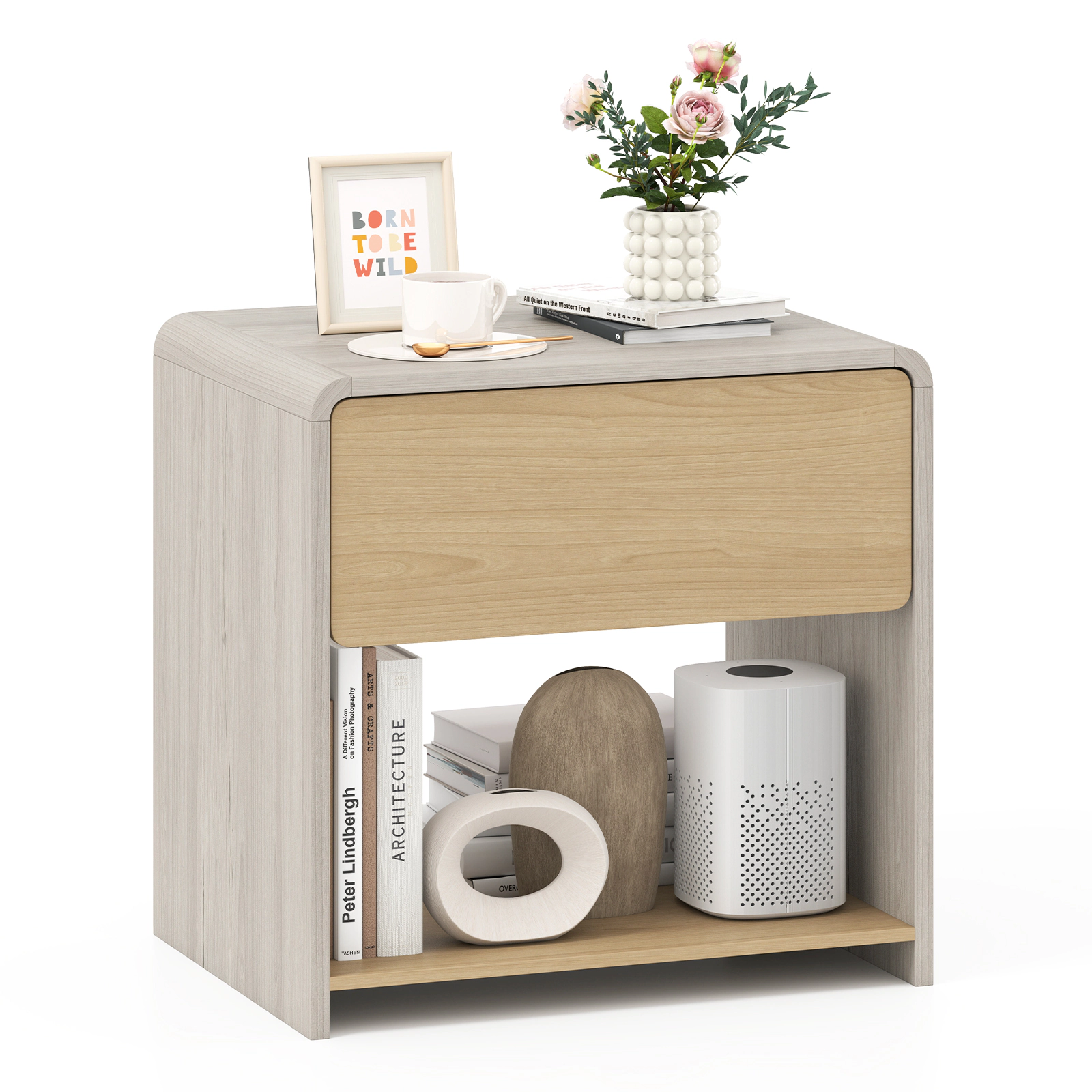 Glintex 2-Tier Nightstand with Concealed Handle and Color-Blocked Oak Finish, Oak
