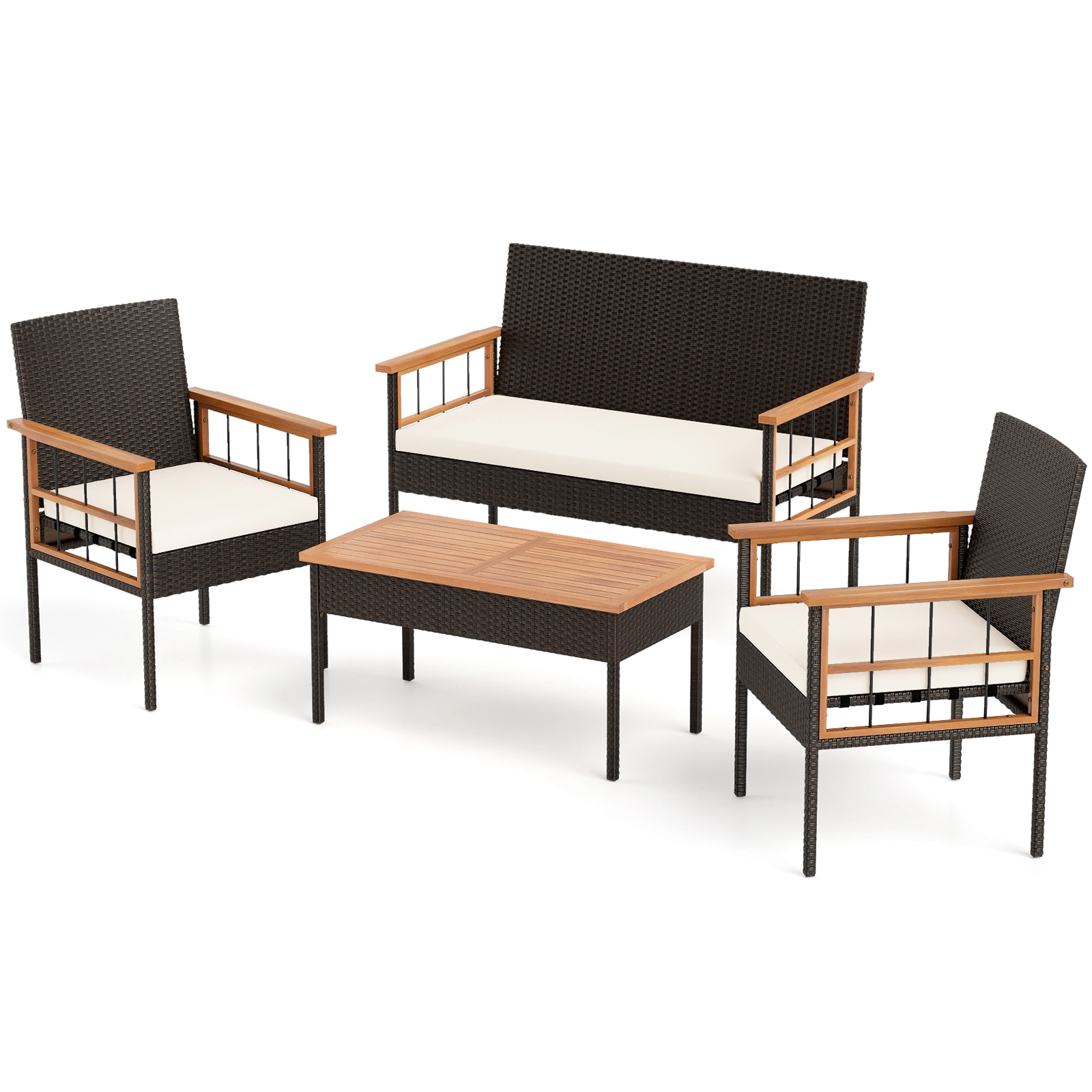 SUGIFT Acacia Wood Tabletop and Armrests 4-Piece White Cushioned Wicker Patio Set