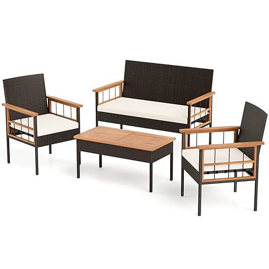 SUGIFT Acacia Wood Tabletop and Armrests 4-Piece White Cushioned Wicker Patio Set