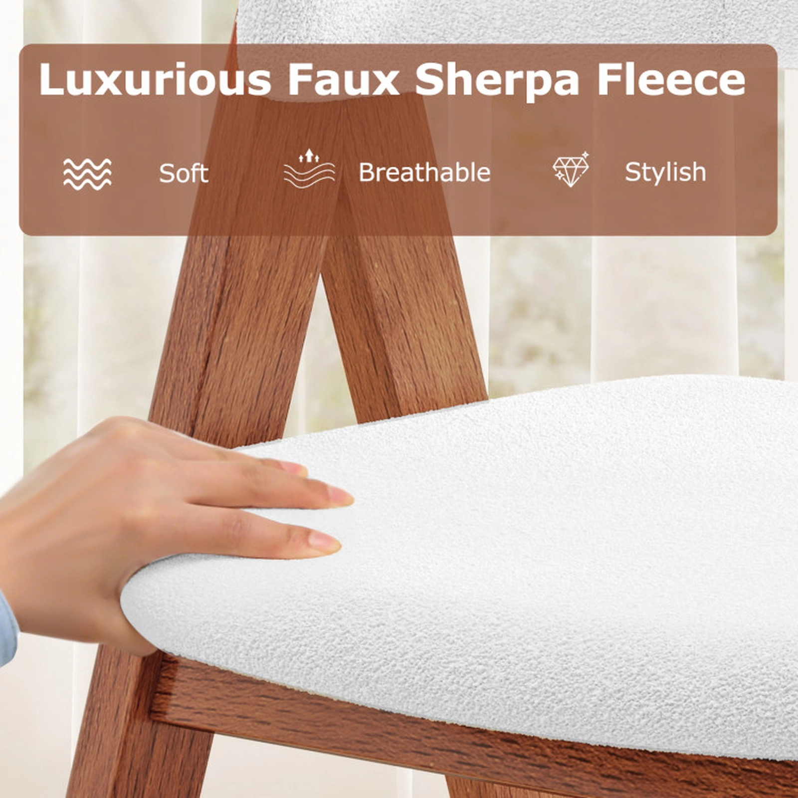 SUGIFT Walnut Wooden Mid Century Sherpa Upholstered Curved Arms Set of 4 Dining Chairs