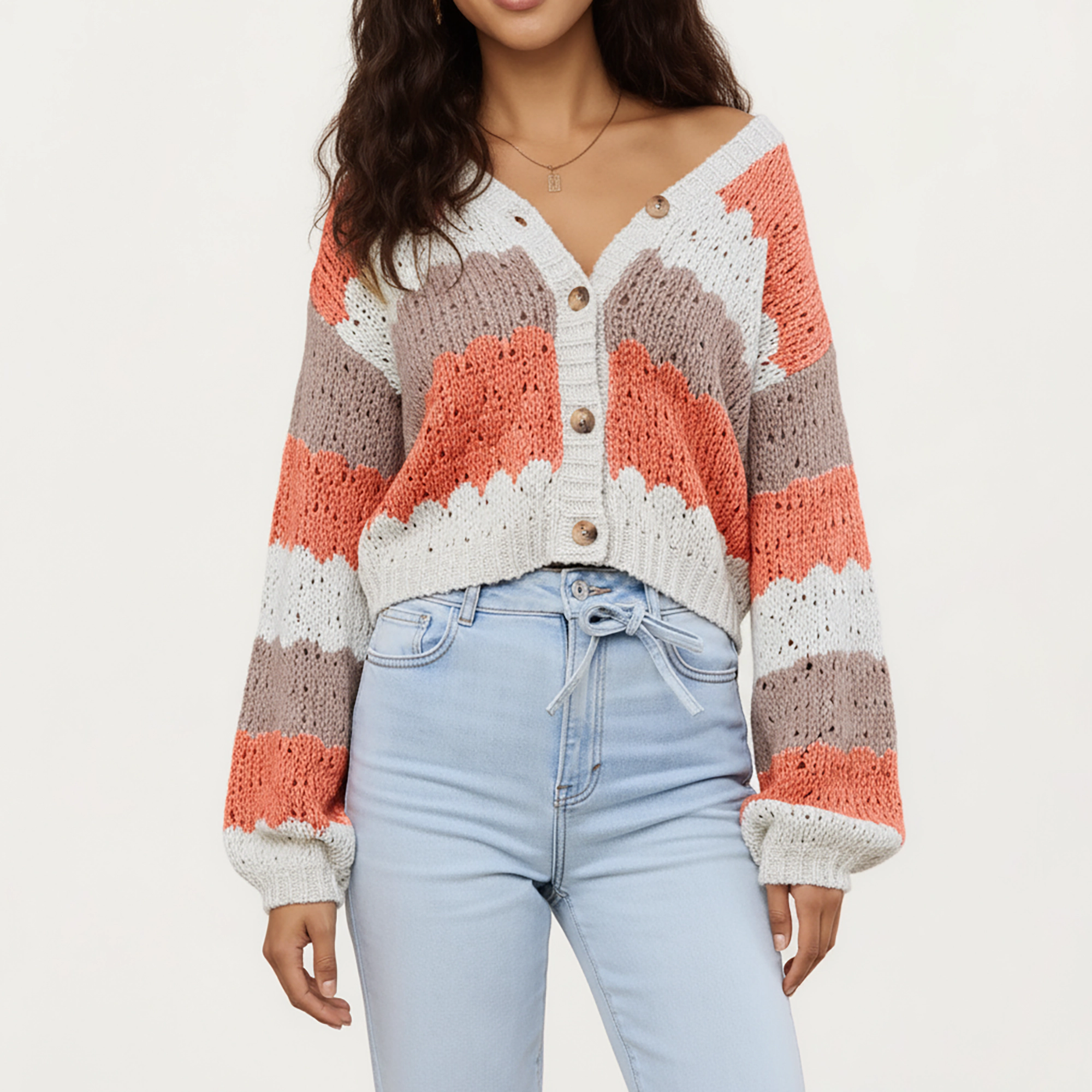Anna-Kaci Women's Textured Knit Button Front Top with Long Sleeves, Scalloped Stripe Pattern and Cropped Fit
