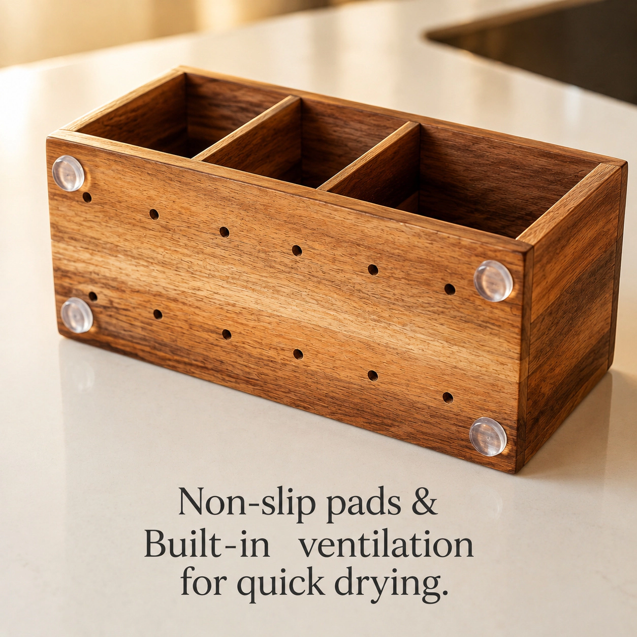 WZK Extra Large Acacia Wood Farmhouse Compartments Drain Hole Kitchen Utensil Holder