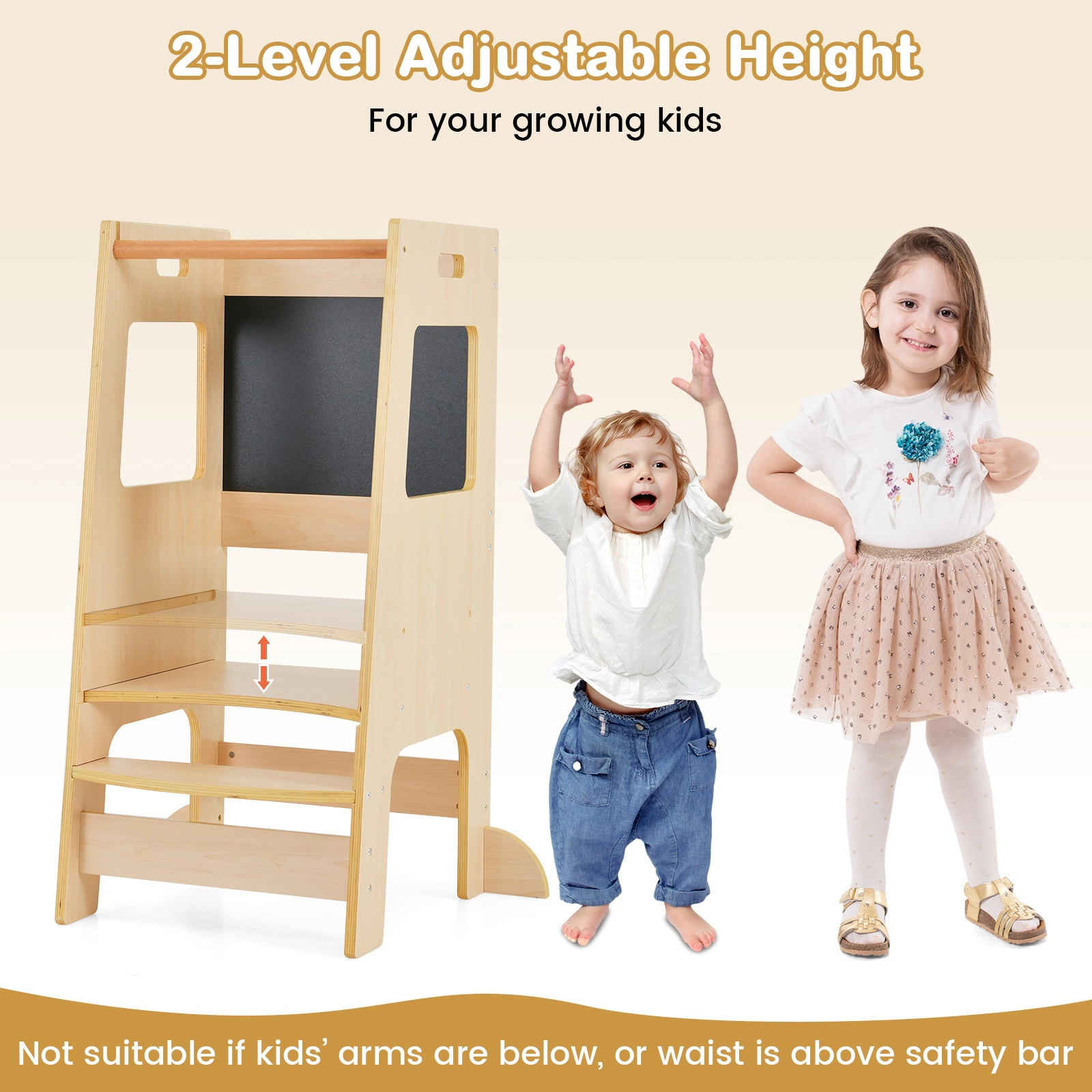 SUGIFT Adjustable Height Toddler Kitchen Step Stool with Chalkboards 132-lb Capacity Ages 3+ Natural/White