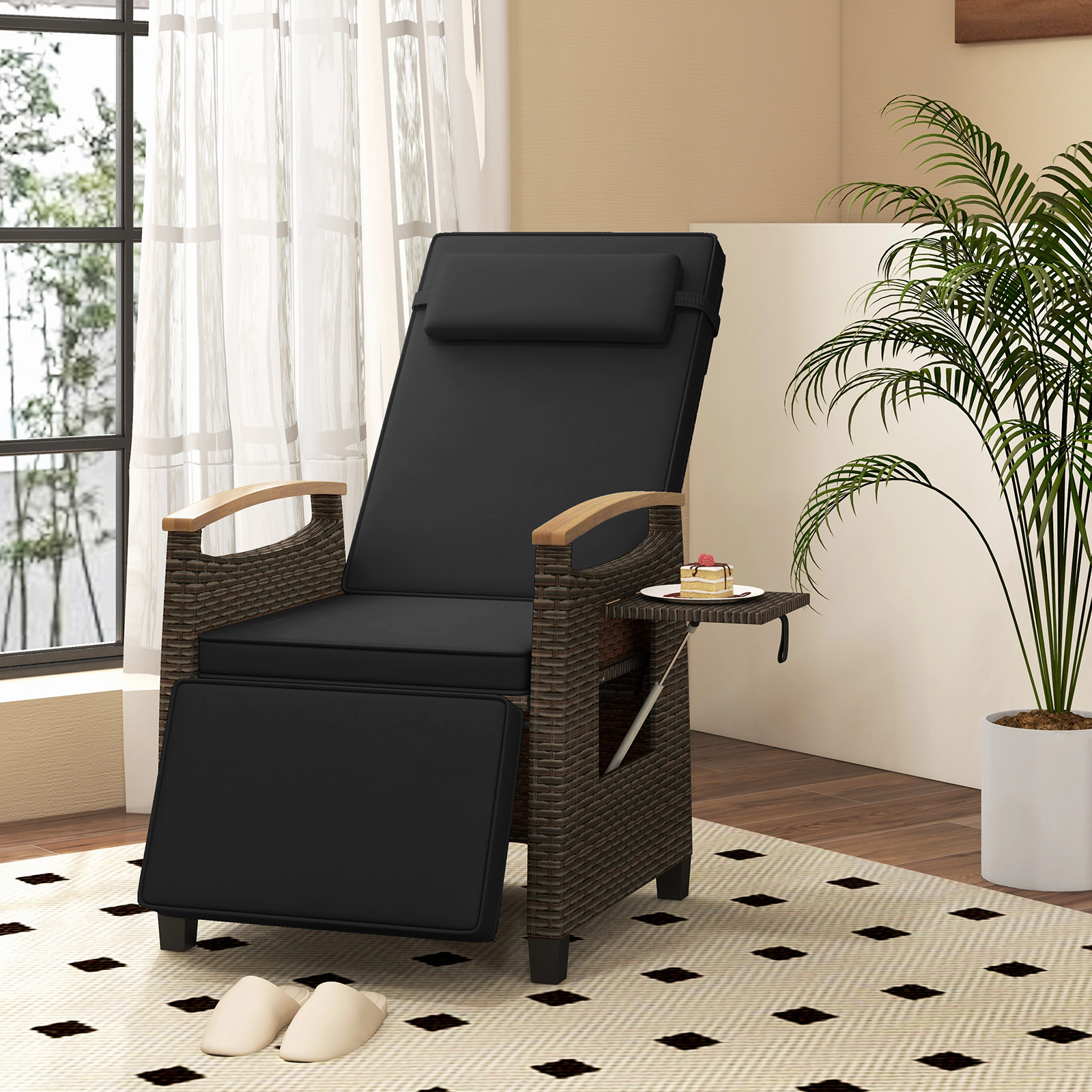 LJG Patio Wicker Recliner Chair with Adjustable Backrest and Footrest