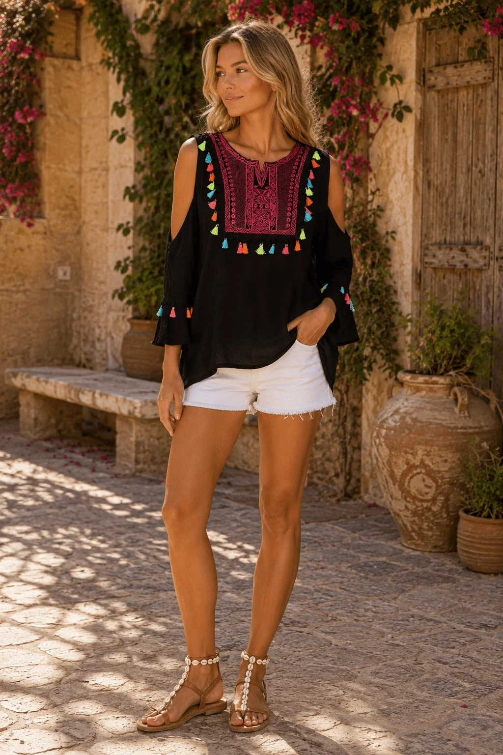 La Moda Clothing Women's Cold-Shoulder Tassel Cover-Up Top - Resortwear
