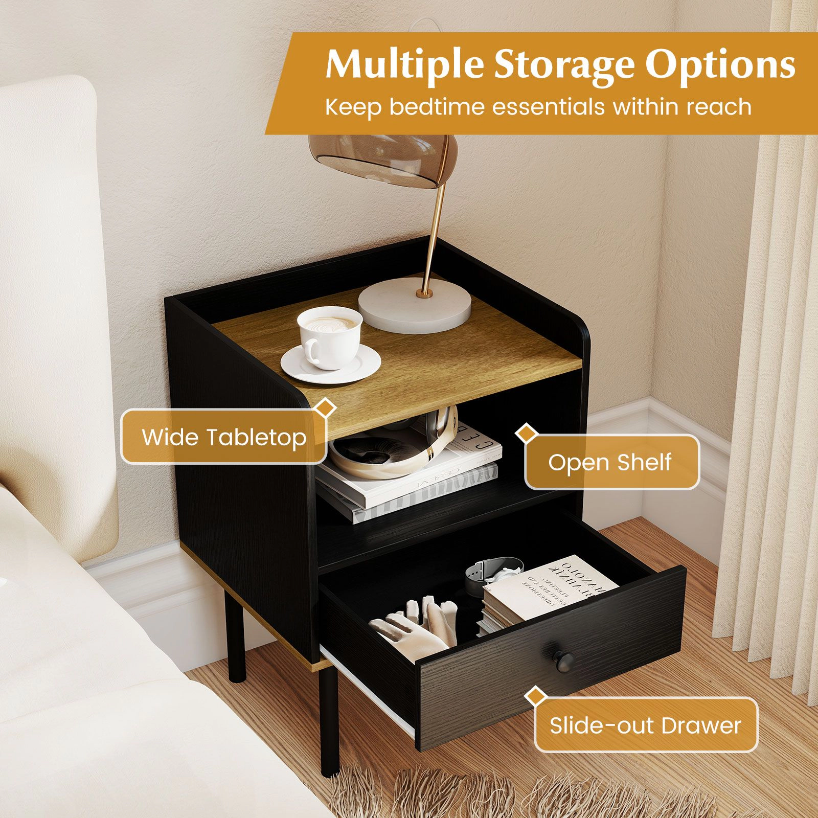 SlickBlue Unisex Modern Nightstand with Drawer and Open Shelf