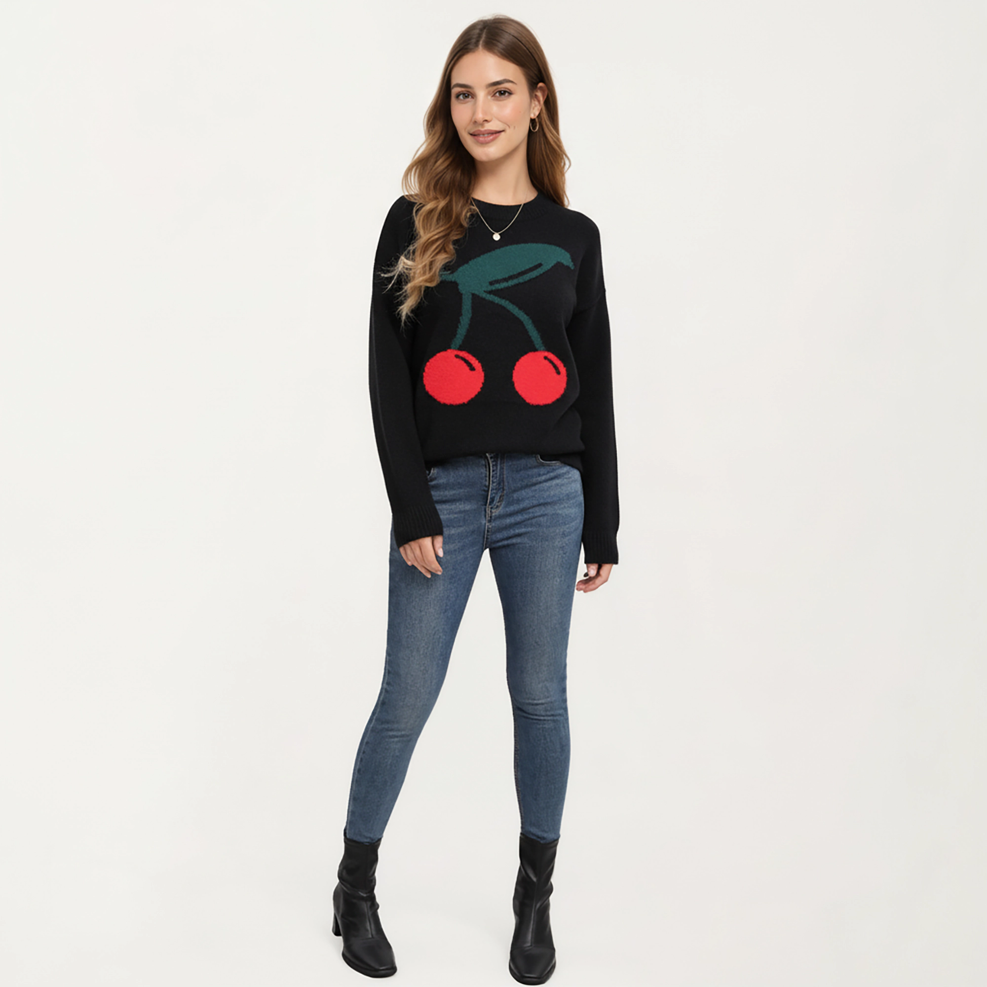 Anna-Kaci Women's Cherry Graphic Fuzzy Knit Sweater with Textured Soft Feel Ribbed Crew Neckline and Relaxed Fit