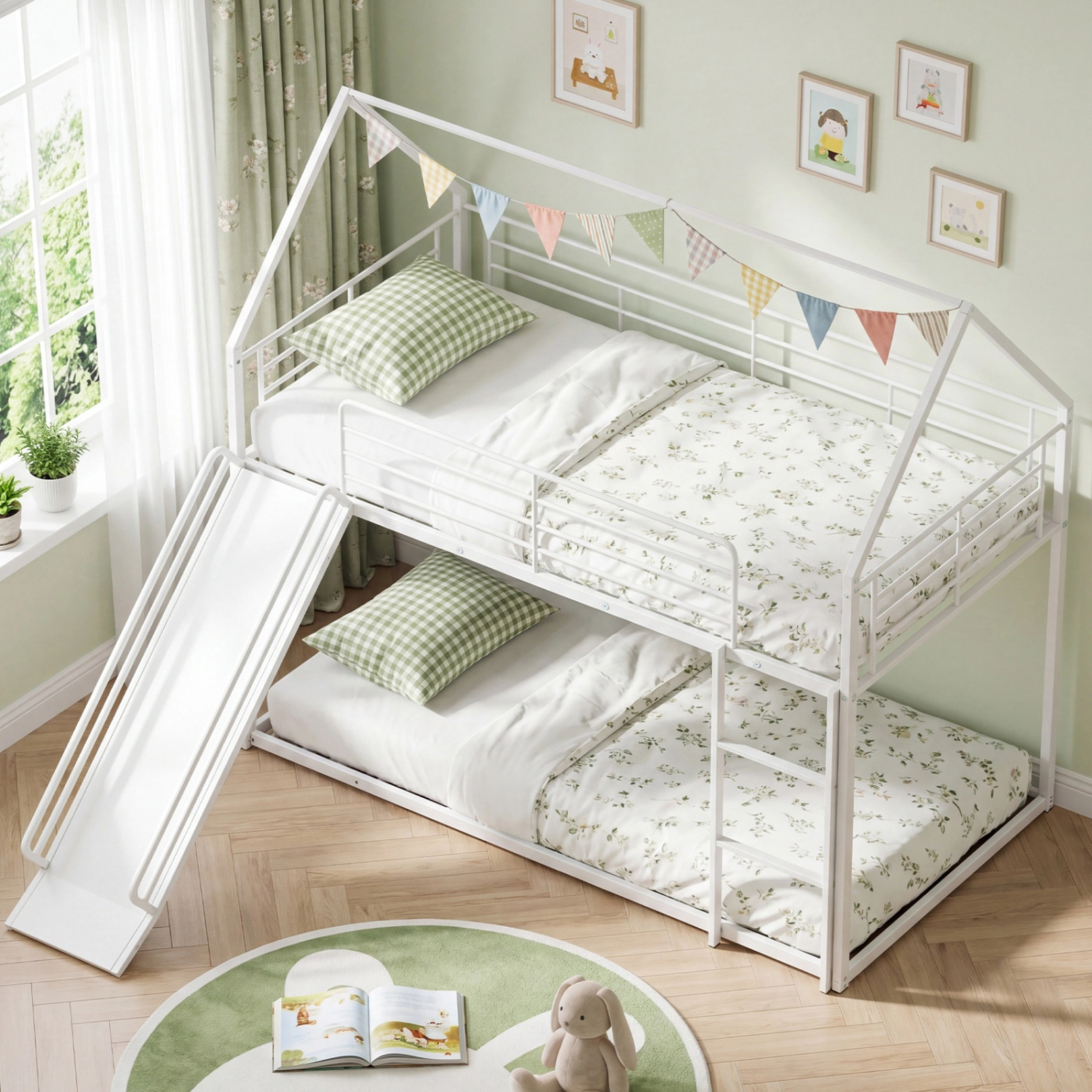 SUGIFT White Slide and Guardrails House-Shaped Metal Twin Over Twin Kids Low Bunk Bed