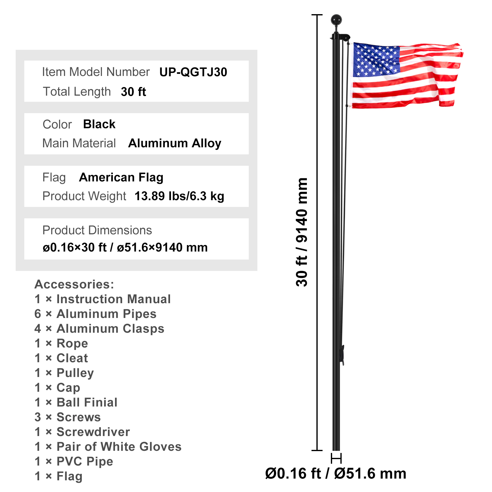 HONGGE Sectional Flag pole Kit Heavy Duty Aluminum Alloy in Ground Flag poles for Outside 3 Display Modes Flagpole with