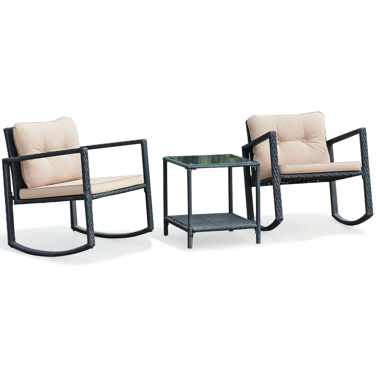LJG 3 Pcs Wicker Rocking Bistro Set with Glass Coffee Table and Storage Shelf