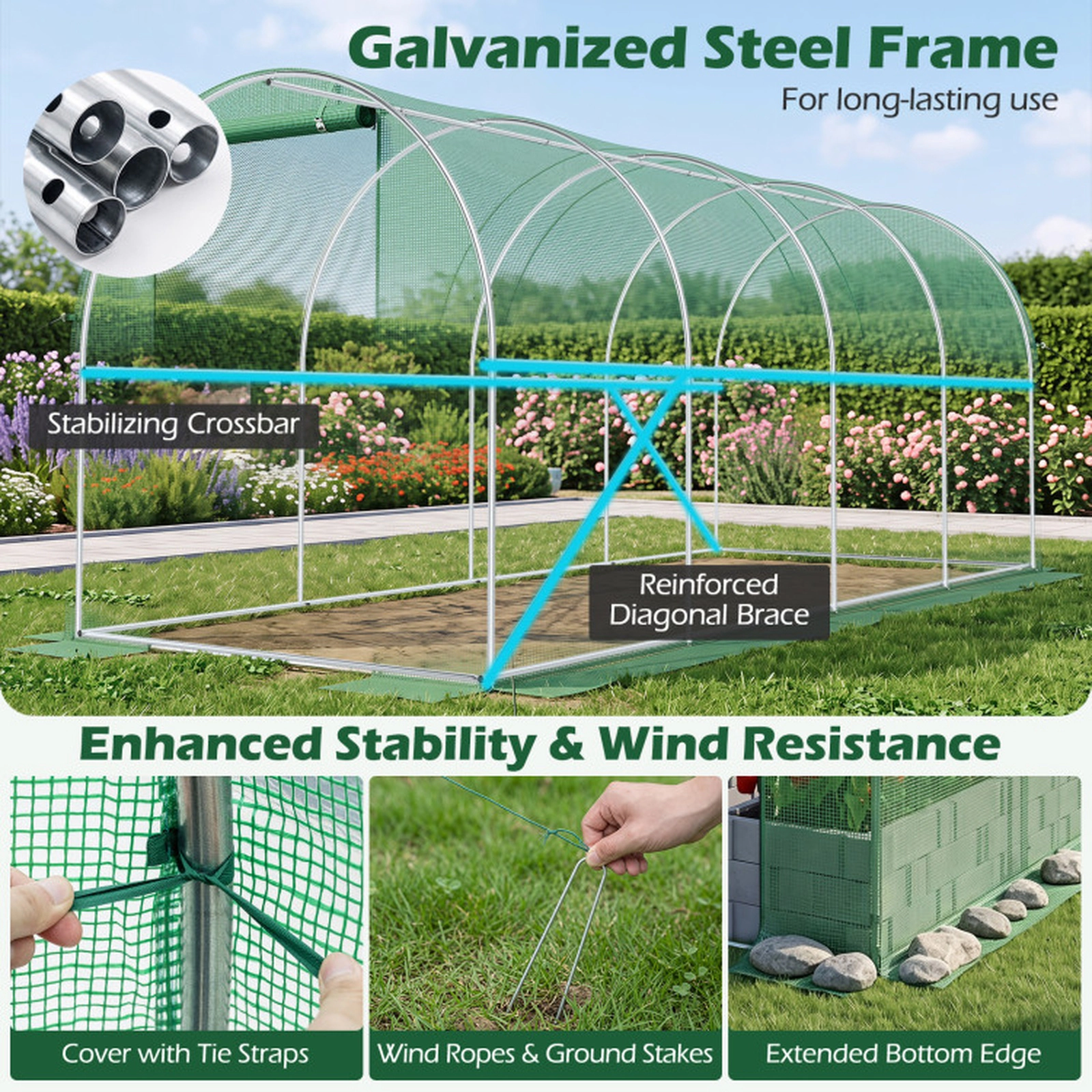 SUGIFT Walk-in Tunnel Greenhouse with Zipper Door and 8 Mesh Windows 42-in Door Opening Green/White