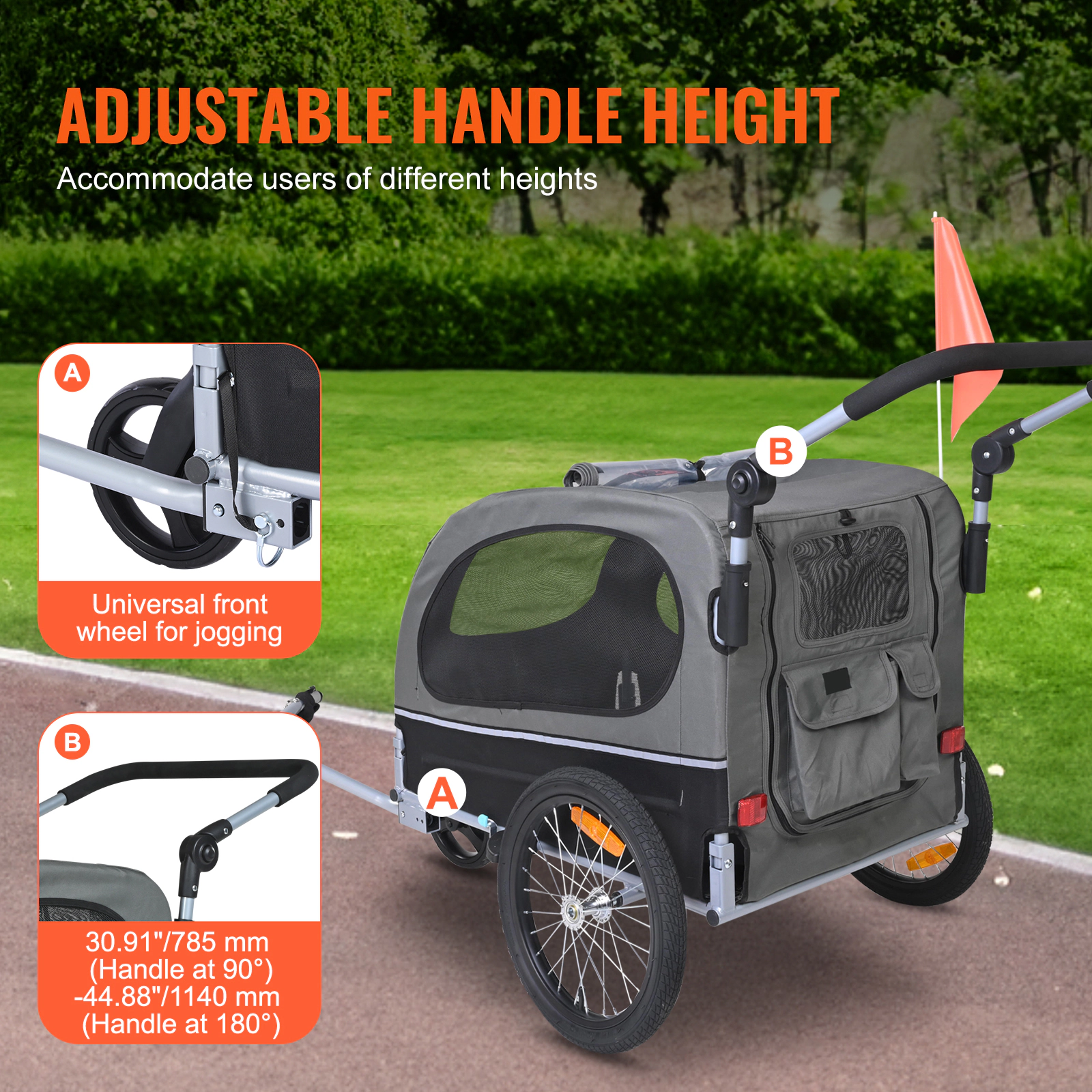 HONGGE 2-in-1 Dog Bike Trailer & Stroller, 88 lb Capacity, Adjustable Handle, Black/Gray