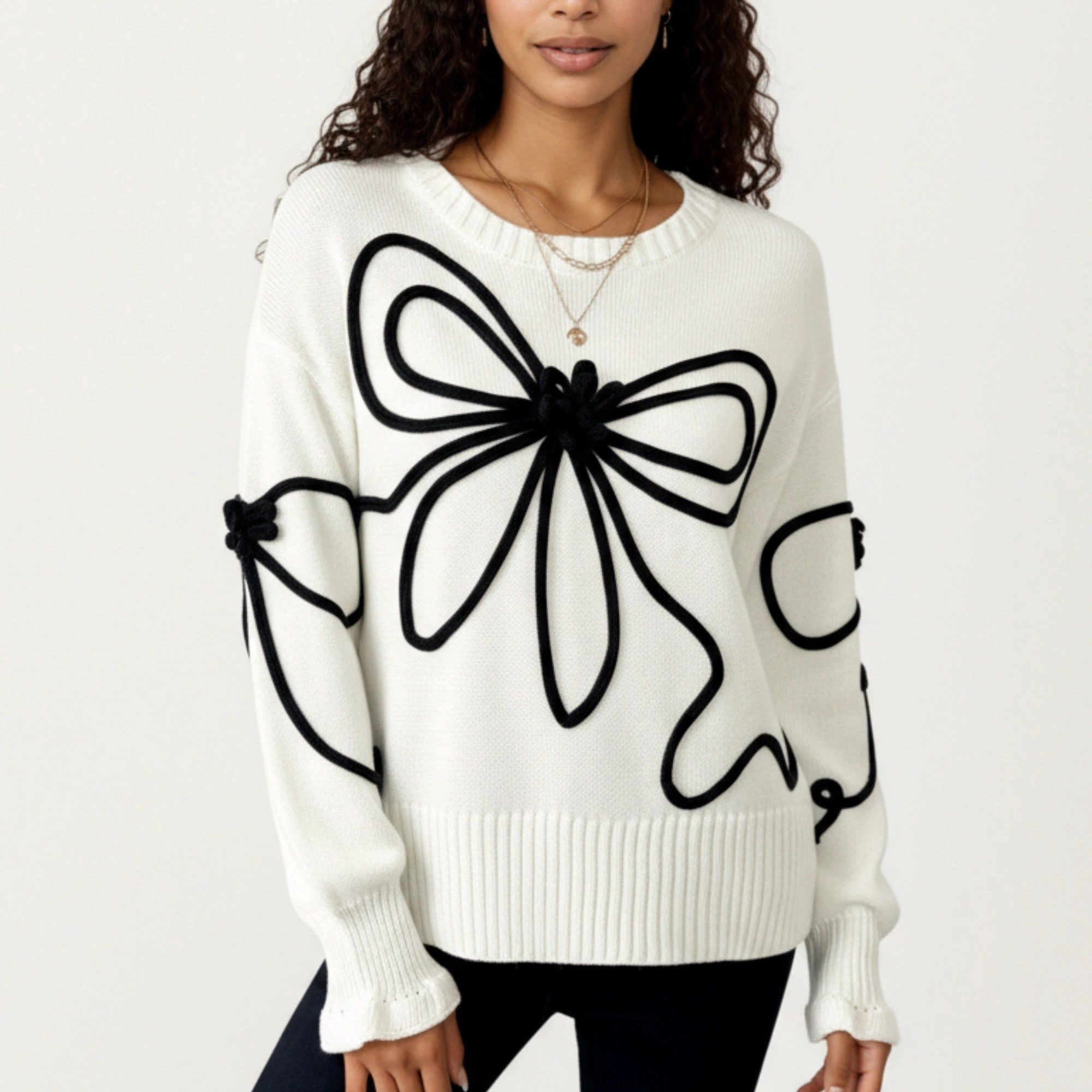 Anna-Kaci Women's Oversized Bow Embroidery Ribbed Trim Long Sleeve Knit Sweater