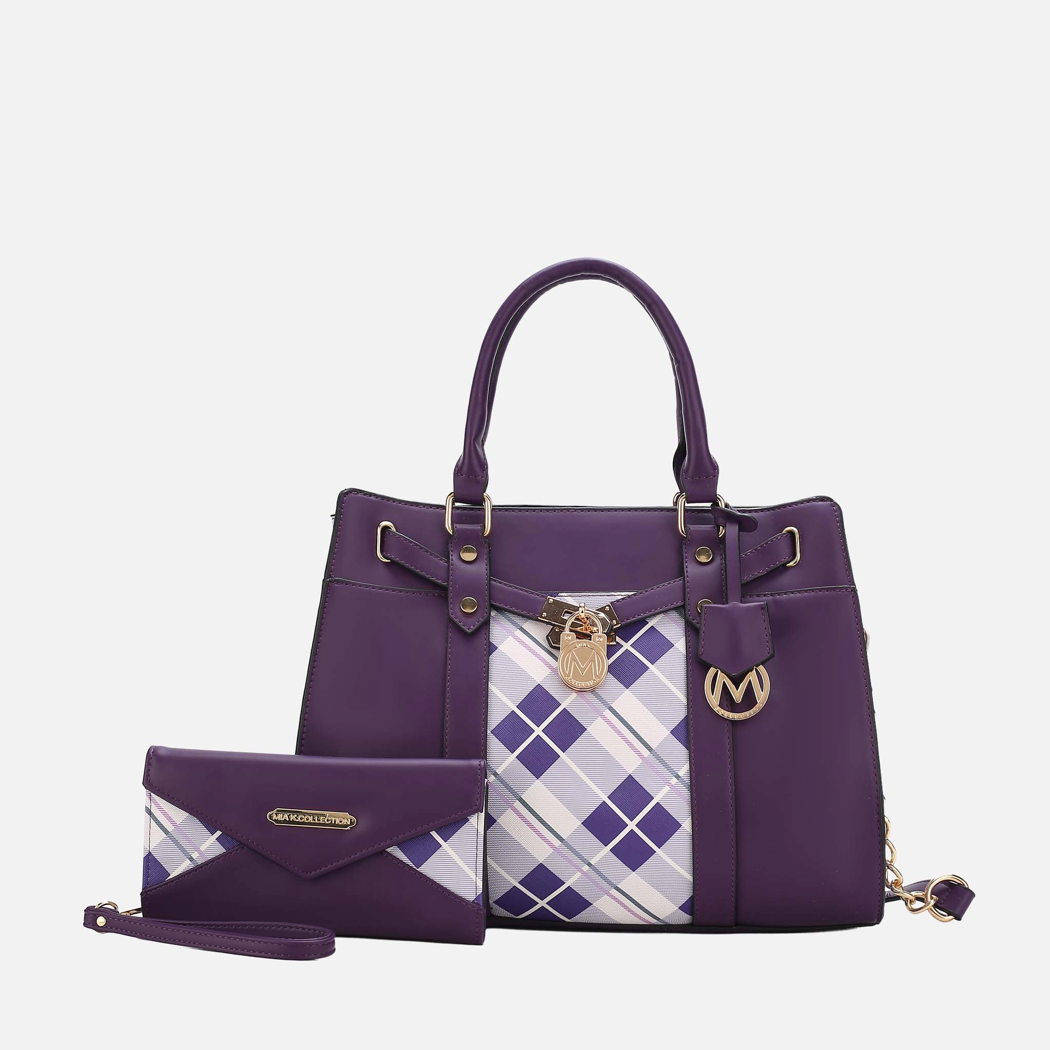 MKF Collection Christine Plaid Vegan Leather Satchel with Wristlet Wallet - Purple