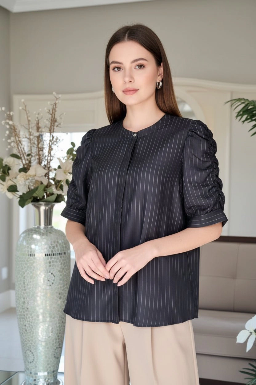 DressAtR Women's Elbow Puff Sleeve Round Neck Button Front Blouse