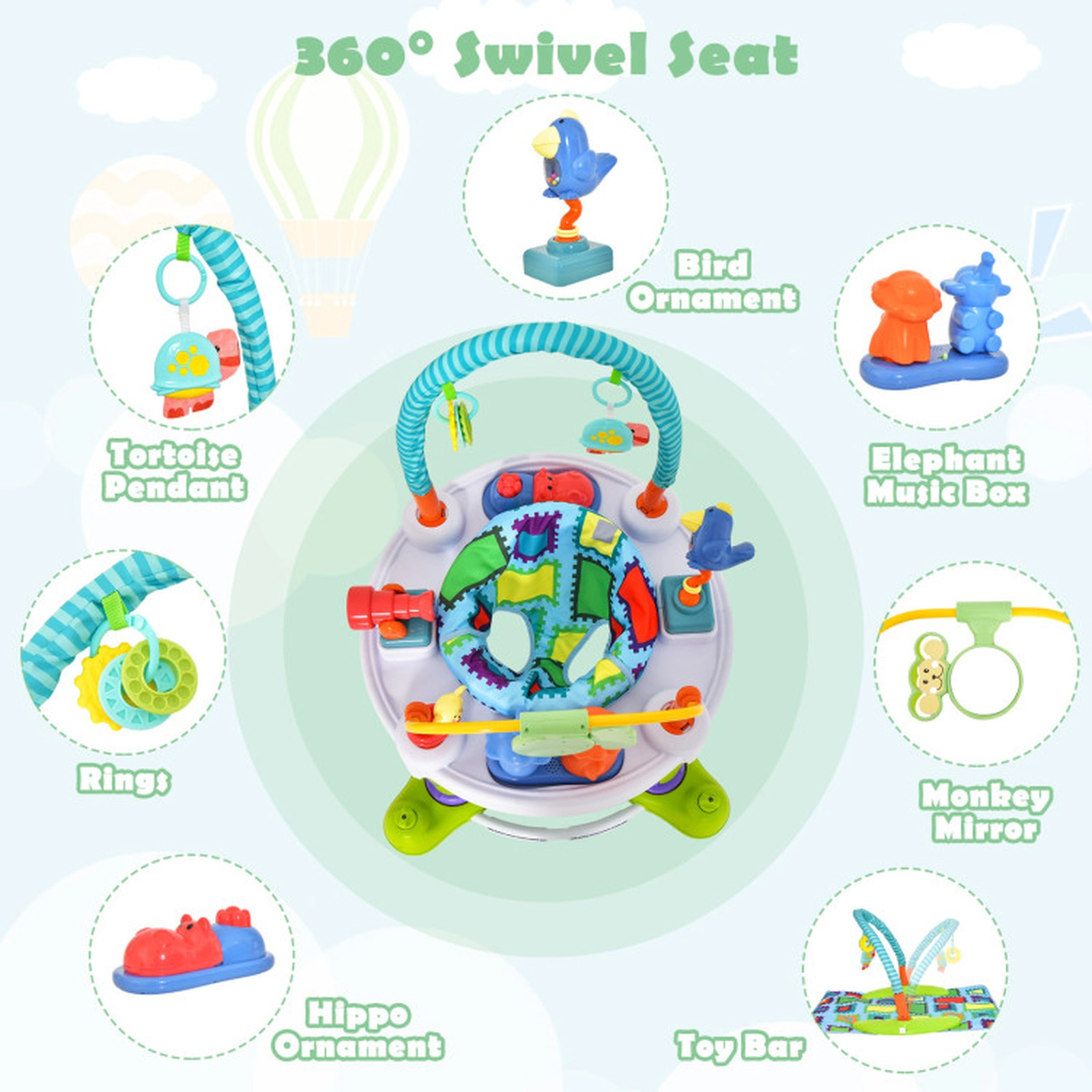 SUGIFT Baby Green 4-in-1 Bouncer Activity Center with 3 Heights and Play Mat 32.5-in Dia 25-lb Seat Capacity
