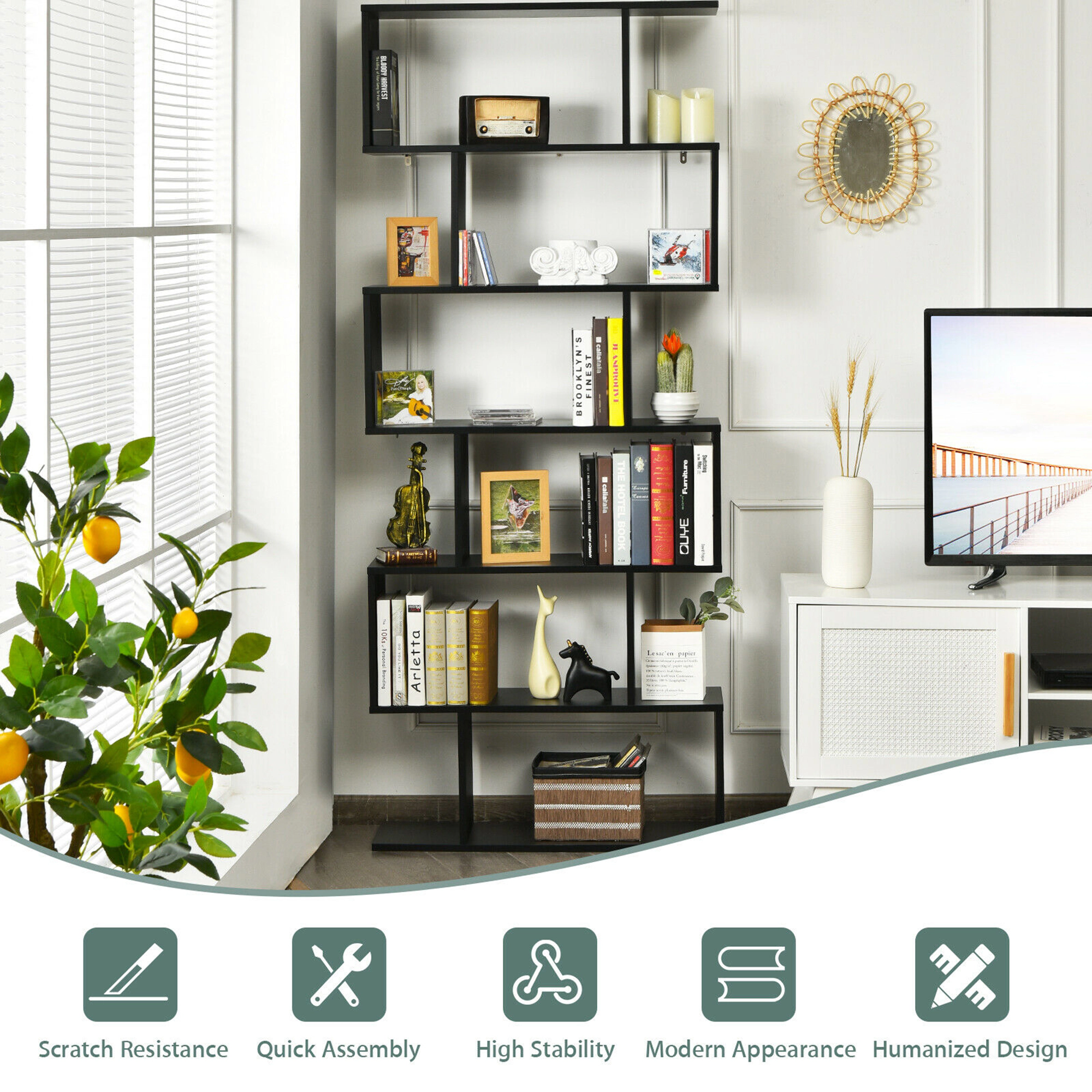 Costway 2 PCS 6 Tier S-Shaped Bookshelf Storage Display Bookcase Z-Shelf White