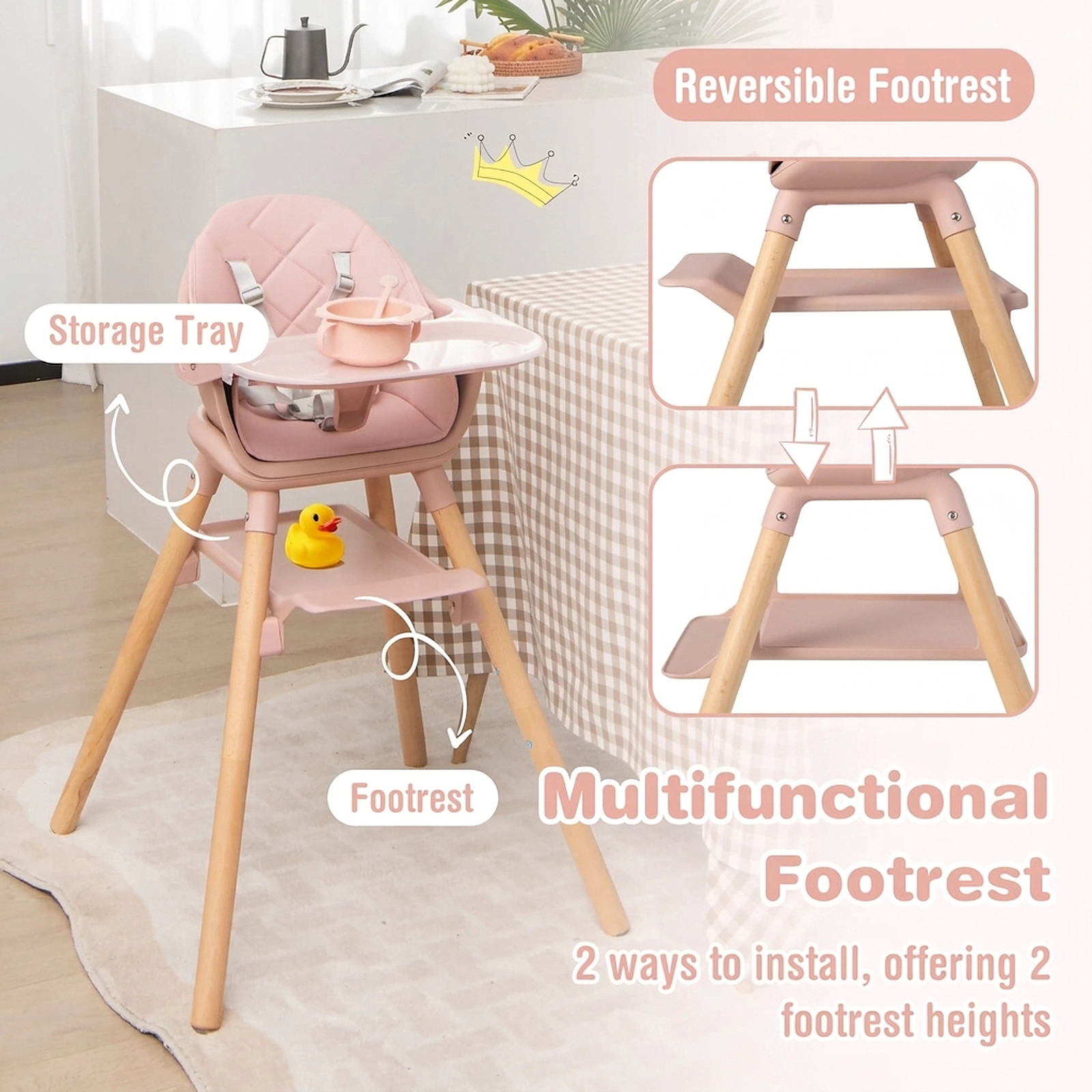 6-in-1 Convertible Baby High Chair with Dishwasher-Safe Double Tray and 5-Point Harness for Babies and Toddlers in Pink