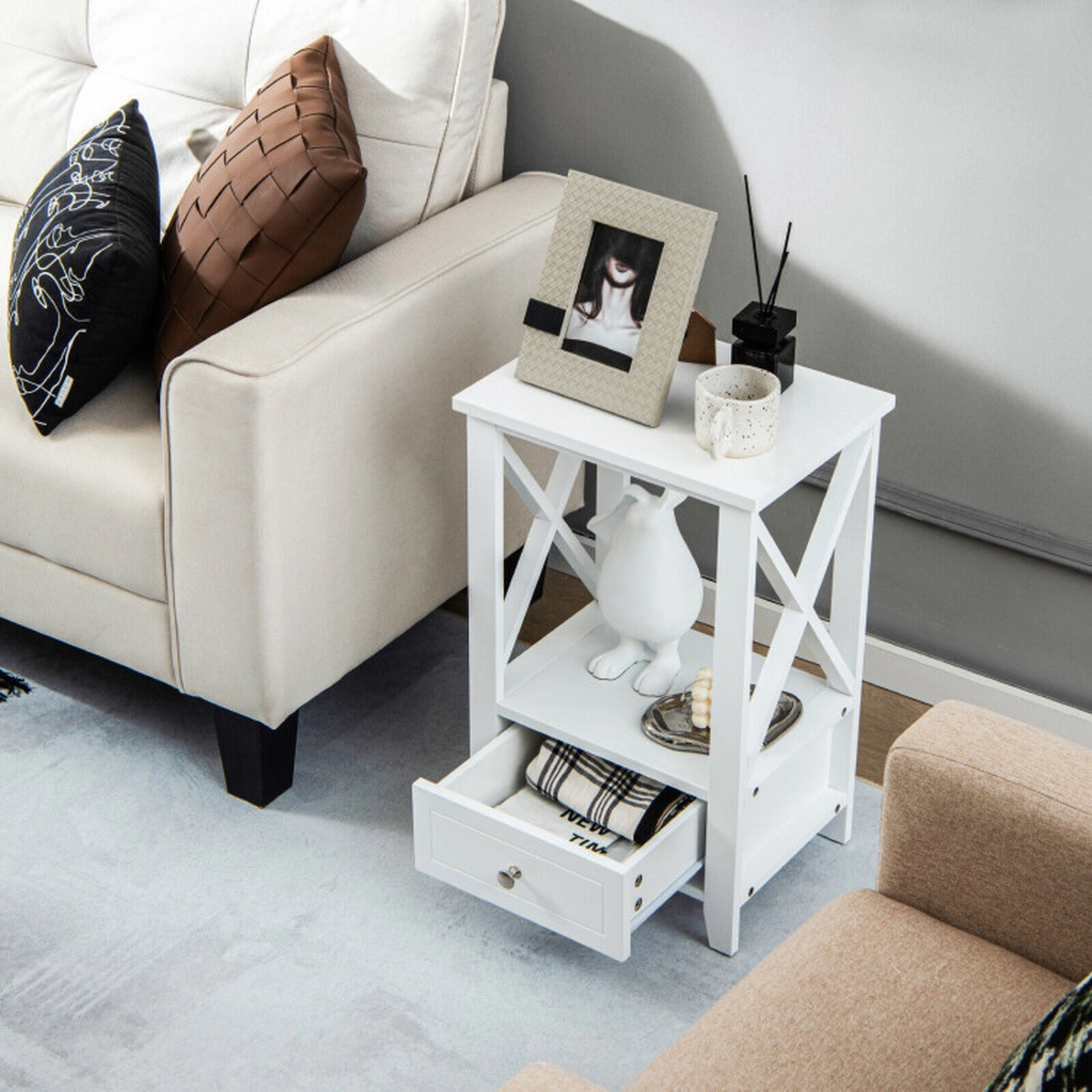 SUGIFT 2-Tier MDF Nightstand with Storage Drawer and Open Shelf 66-lb Tabletop Capacity White