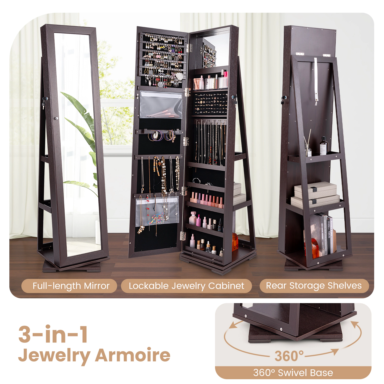 SUGIFT 360 Degree Rotatable Jewelry Cabinet 2-in-1 Lockable Armoire with Full-Length Mirror