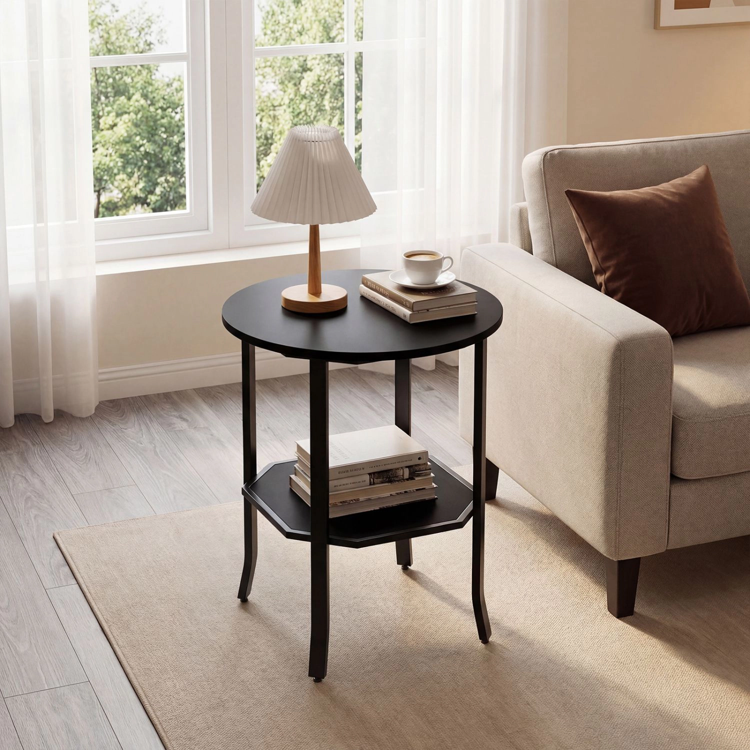 SlickBlue Round Nightstand, 2-Tier Side Table with Carbon Steel Frame